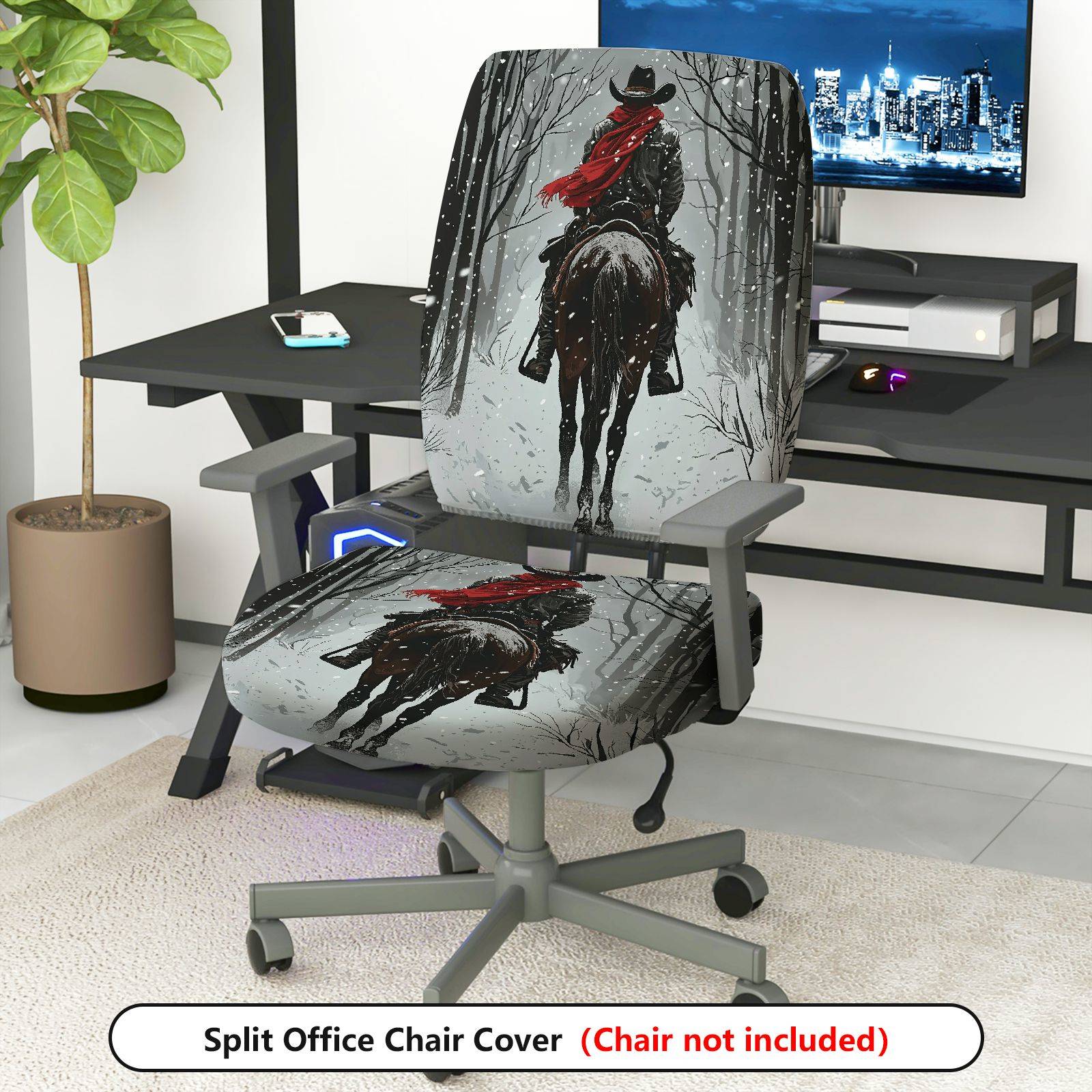 2-Piece Cowboy Snow Forest Red Scarf Winter Christmas  Computer Chair Cover Set, Seat and Backrest