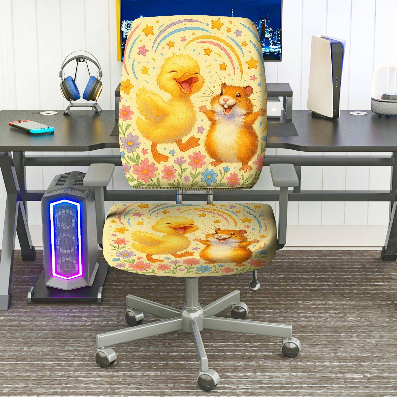 2-Piece Adorable Animal Rainbow Floral Star  Computer Chair Cover Set, Seat and Backrest