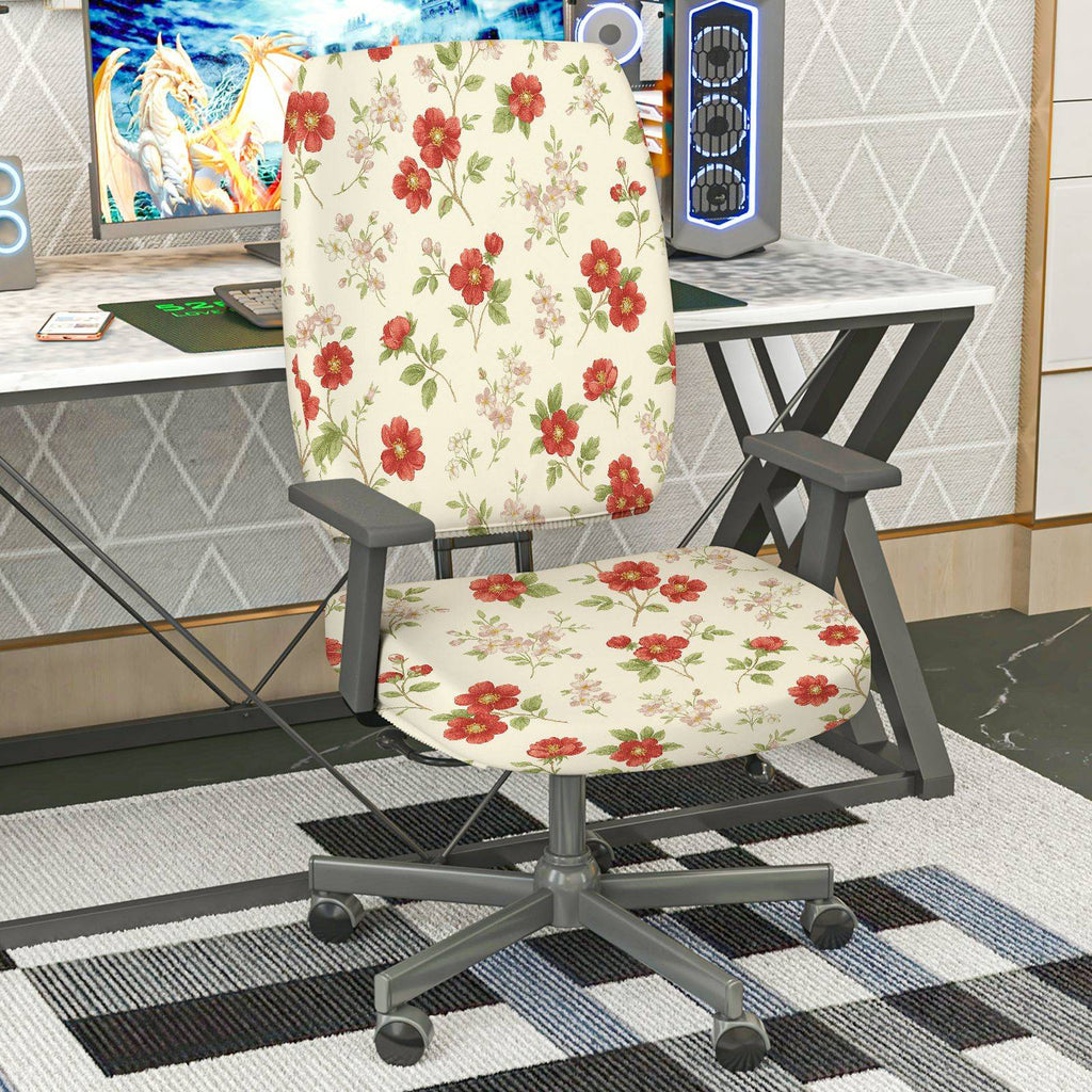 2-Piece Floral Pattern Red Flower  Computer Chair Cover Set, Seat and Backrest