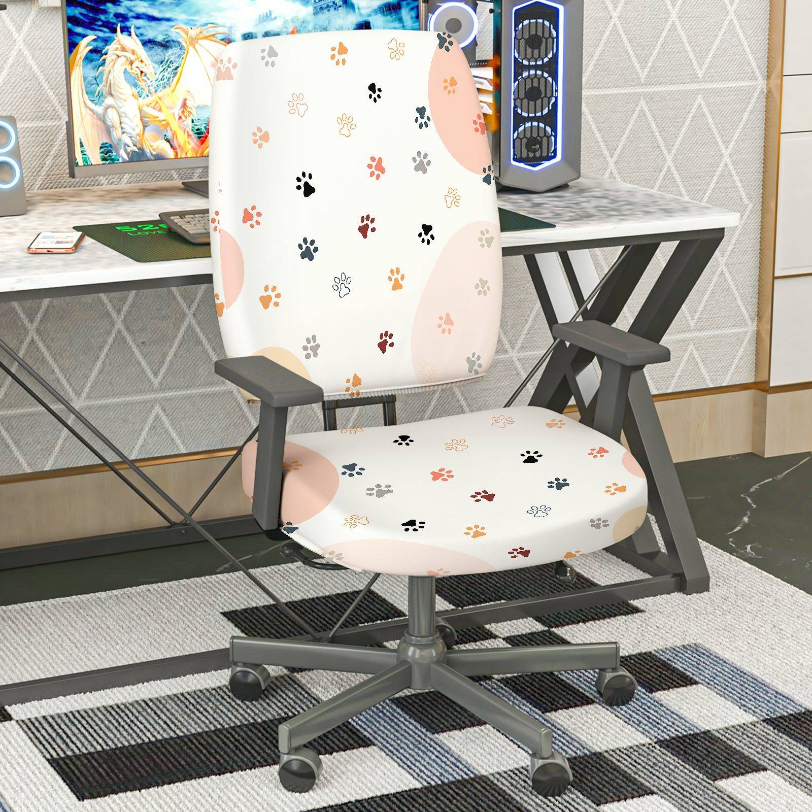 2-Piece Cat Paw Pattern  Computer Chair Cover Set, Seat and Backrest