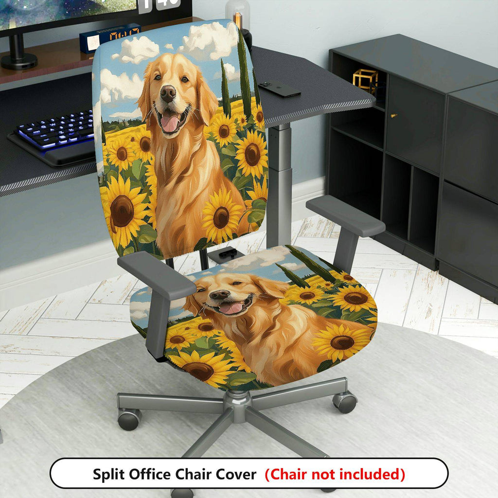 2-Piece Dog Sunflower Nature Landscape Happy Pet Golden Retriever  Computer Chair Cover Set, Seat and Backrest