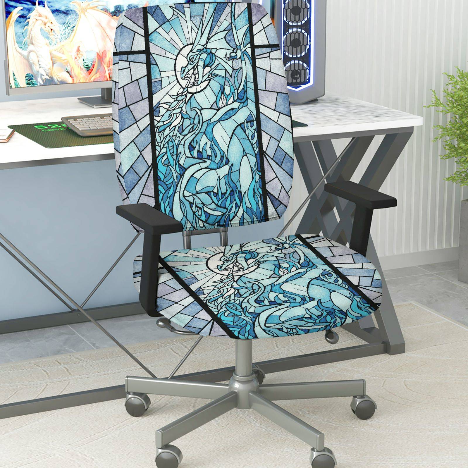 2-Piece Abstract Geometric Art Stained Glass Unicorn Blue  Computer Chair Cover Set, Seat and Backrest