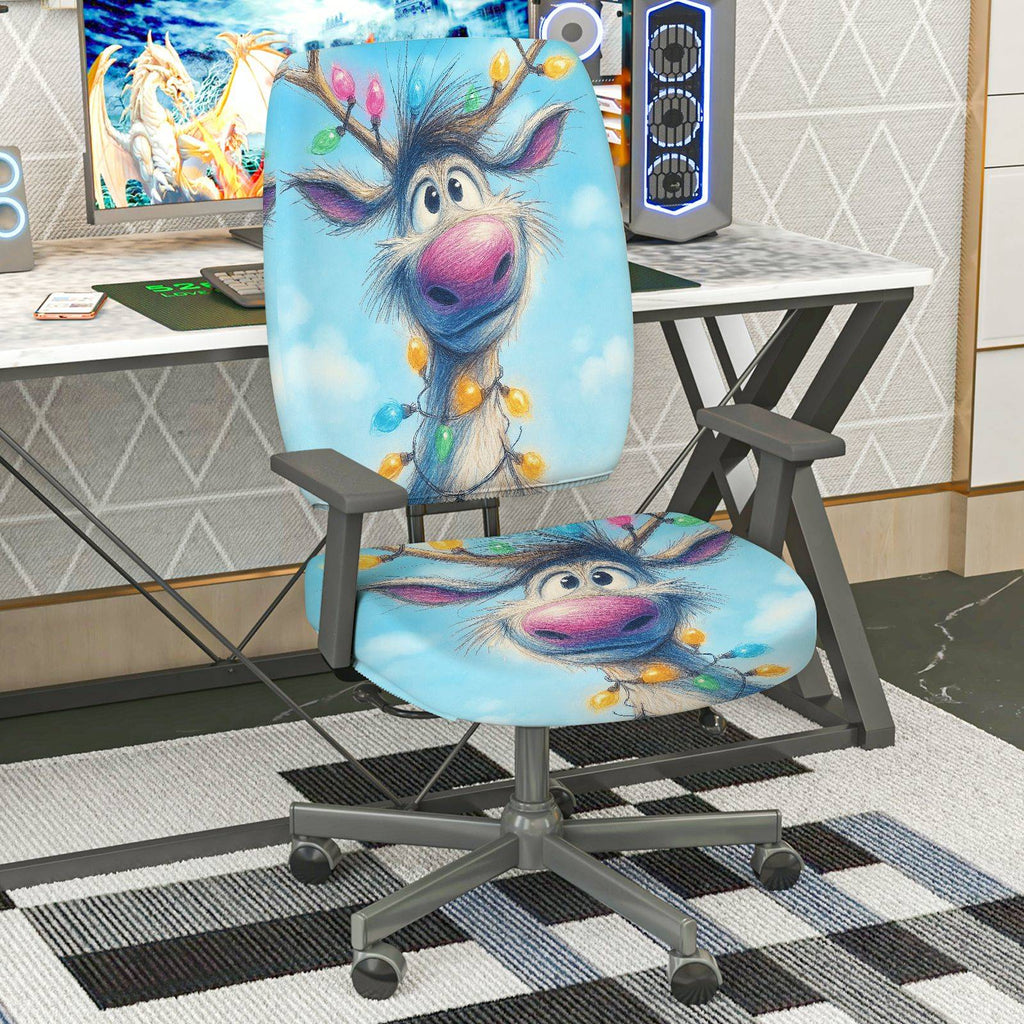 2-Piece Christmas Reindeer Blue Holiday Fun  Computer Chair Cover Set, Seat and Backrest