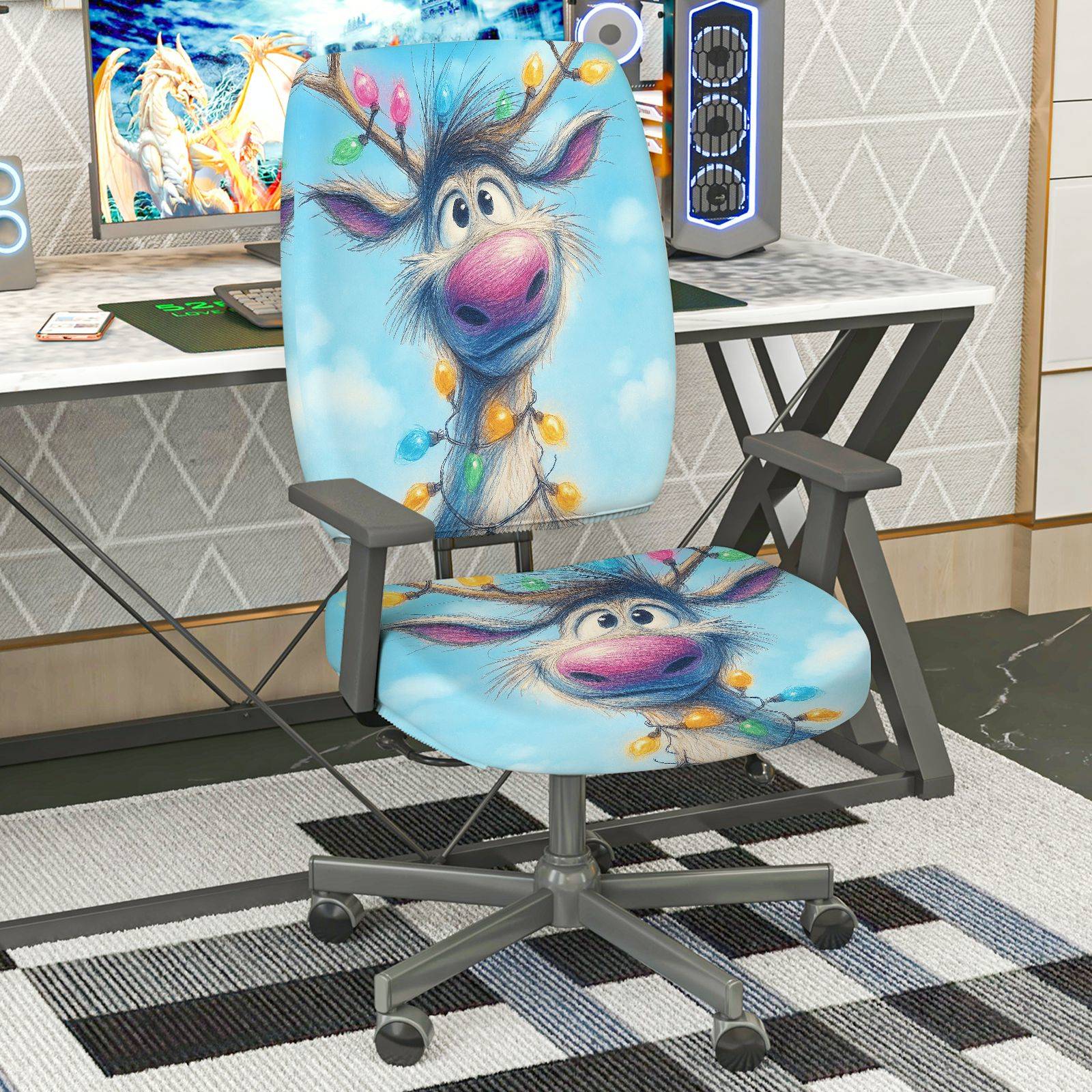 2-Piece Christmas Reindeer Blue Holiday Fun  Computer Chair Cover Set, Seat and Backrest