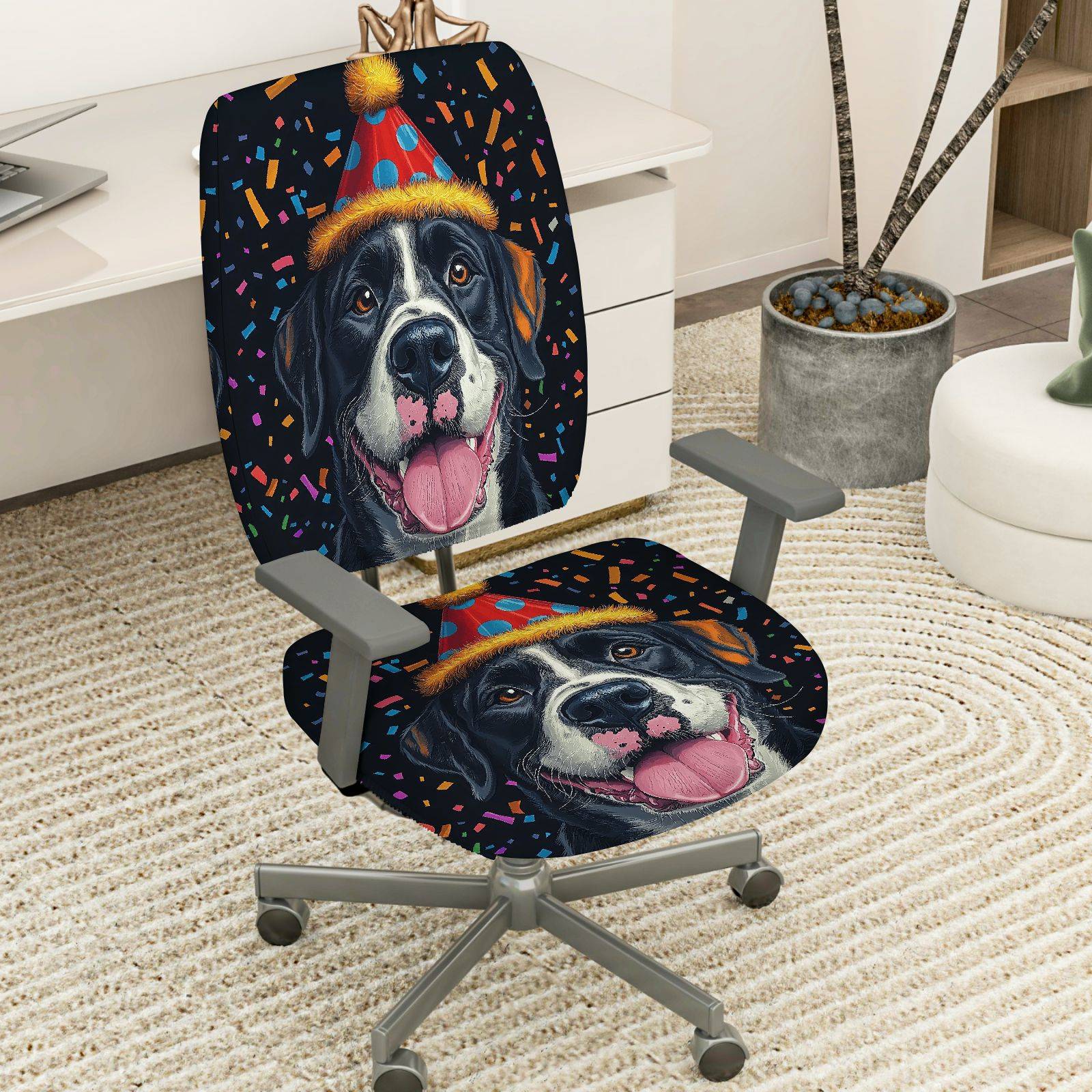 2-Piece Dog Party Hat Happy Celebration Cheerful Joyful  Computer Chair Cover Set, Seat and Backrest