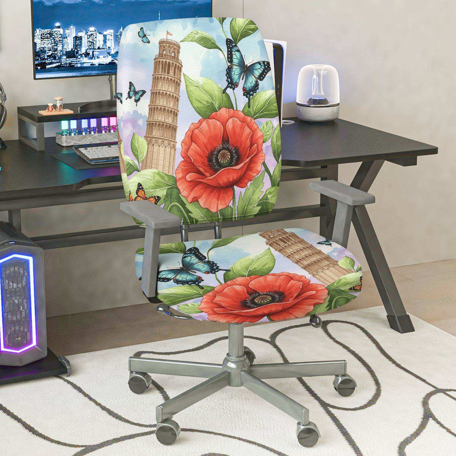 2-Piece Butterfly Flower Tower Nature Art Fun  Computer Chair Cover Set, Seat and Backrest