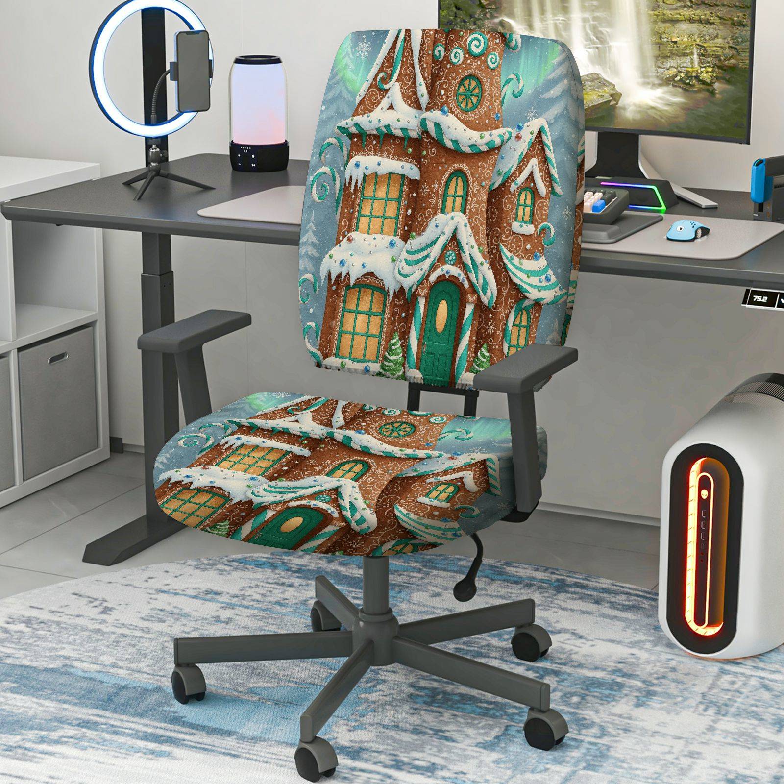 2-Piece Christmas Snowy Gingerbread House Winter Holiday  Computer Chair Cover Set, Seat and Backrest