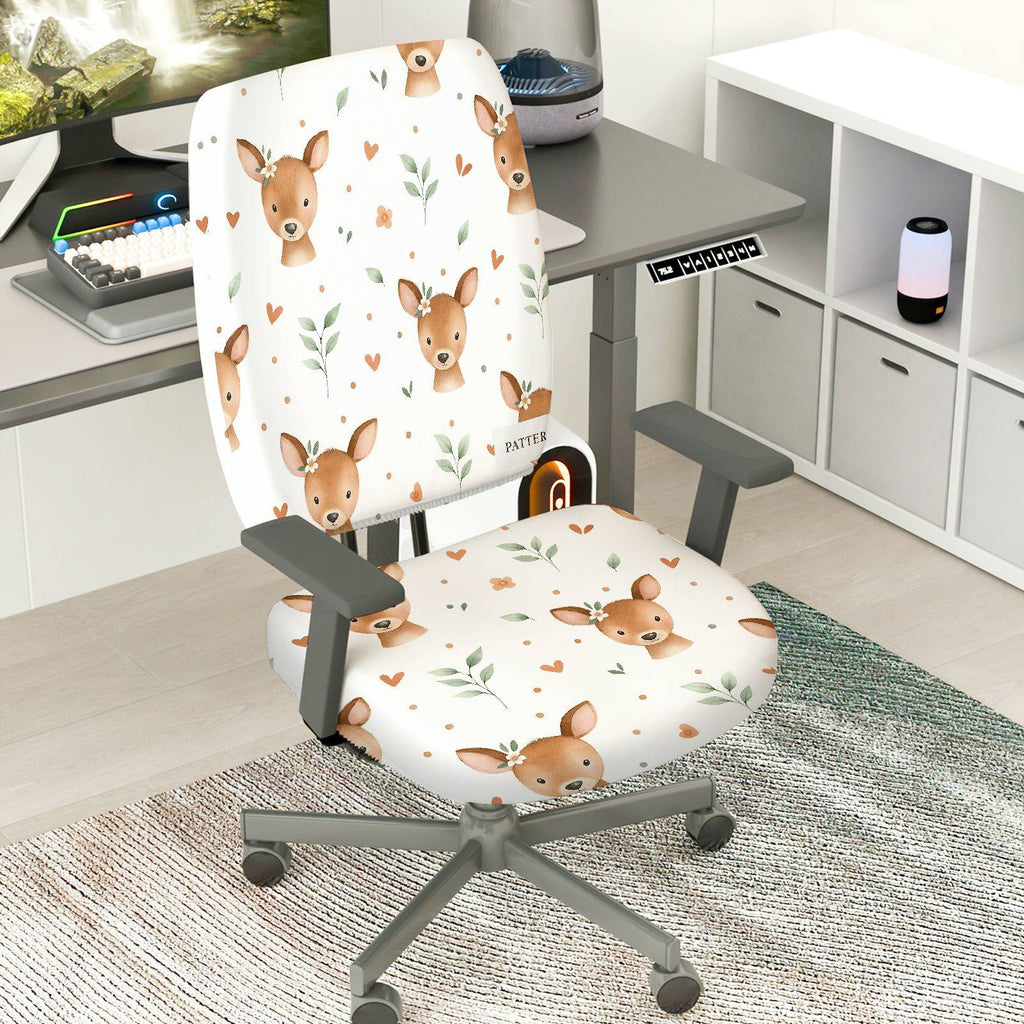 2-Piece Cute Deer Pattern Printed Heart Floral  Computer Chair Cover Set, Seat and Backrest