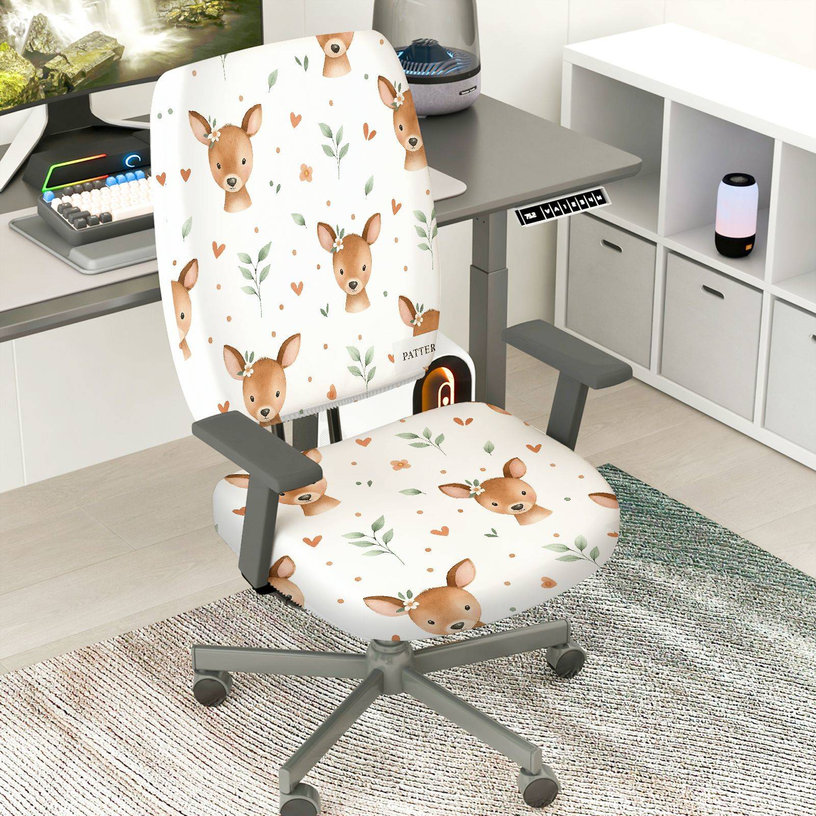 2-Piece Cute Deer Pattern Printed Heart Floral  Computer Chair Cover Set, Seat and Backrest