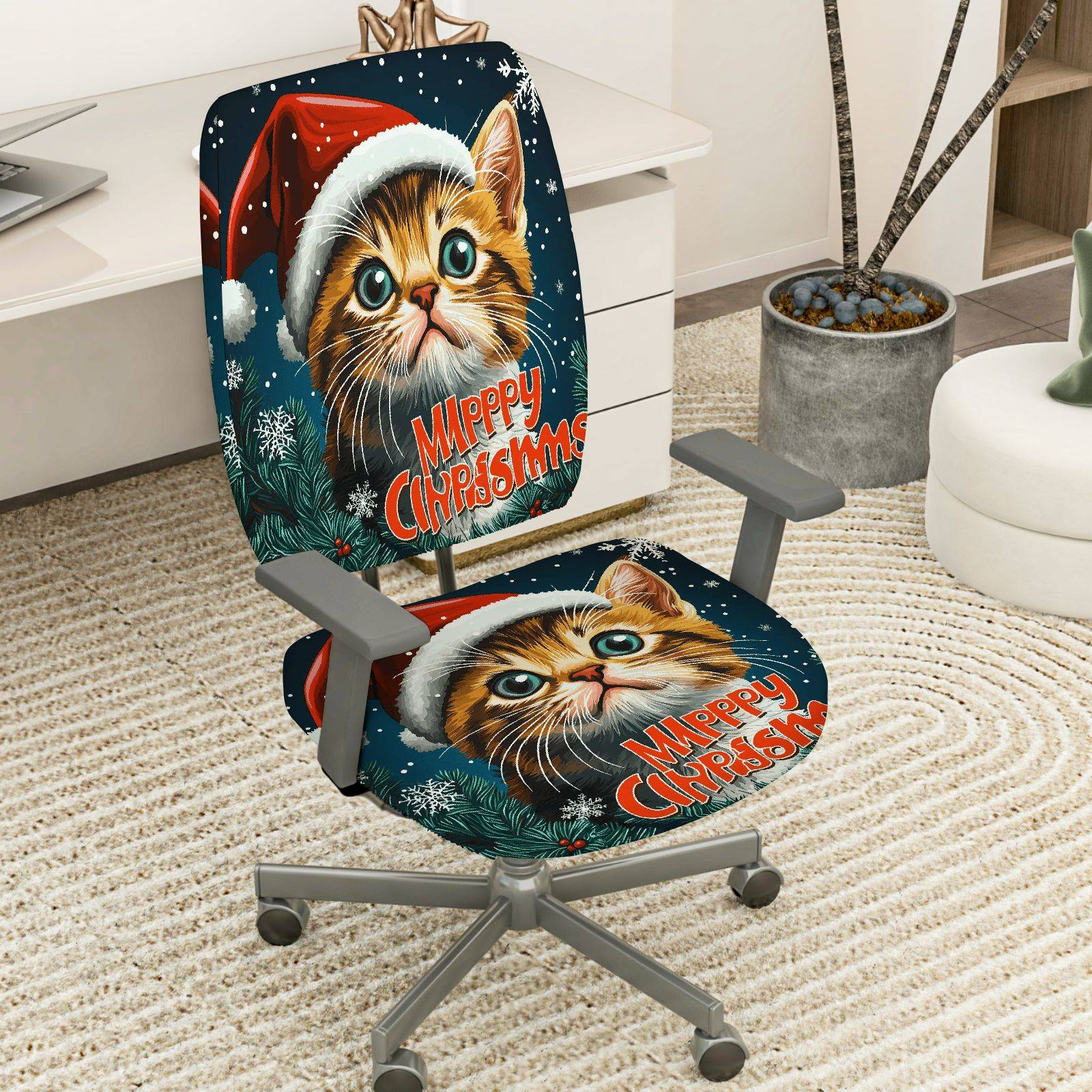 2-Piece Christmas Cat Festive Holiday Decor  Computer Chair Cover Set, Seat and Backrest