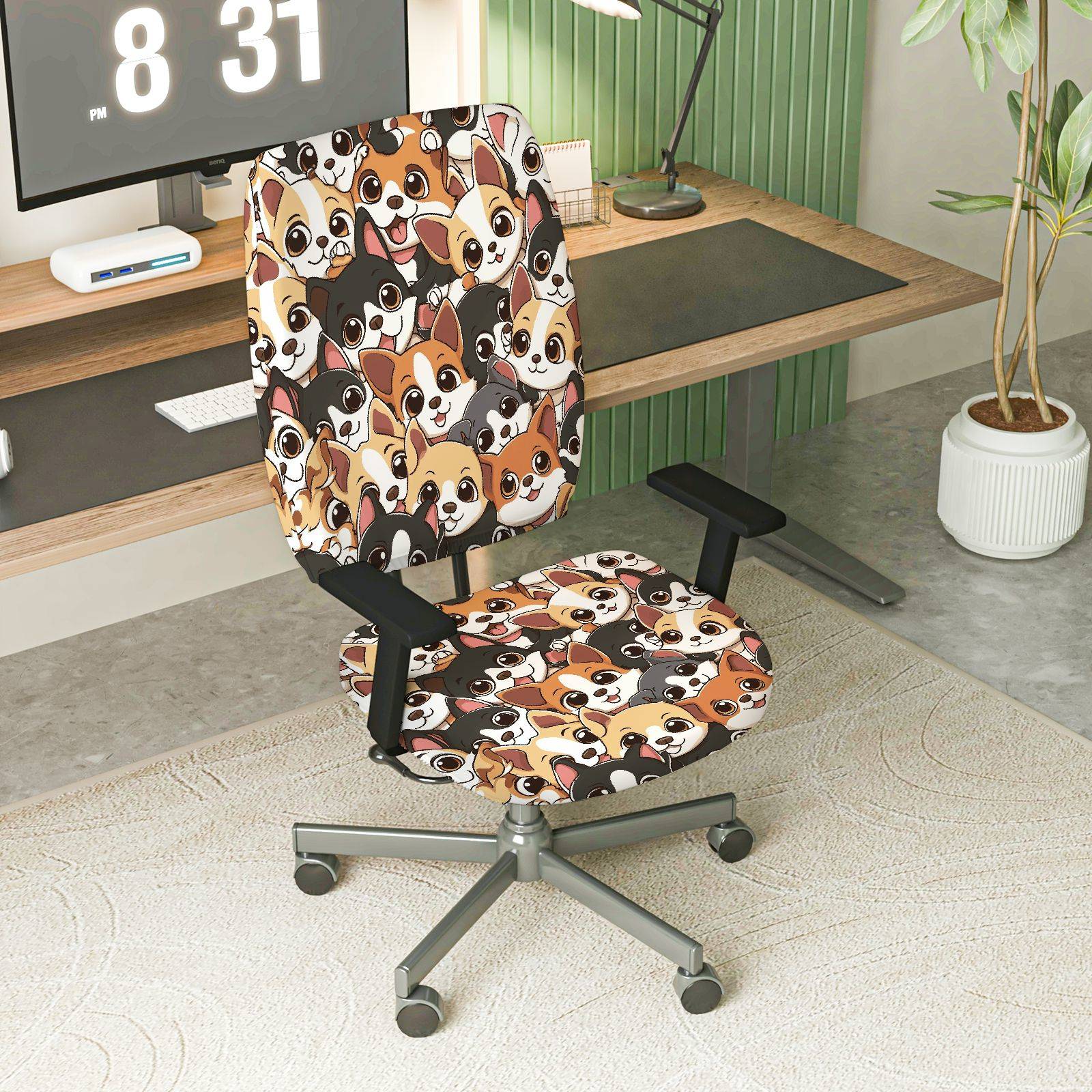 2-Piece Cute Dog Pattern Fun Playful  Computer Chair Cover Set, Seat and Backrest