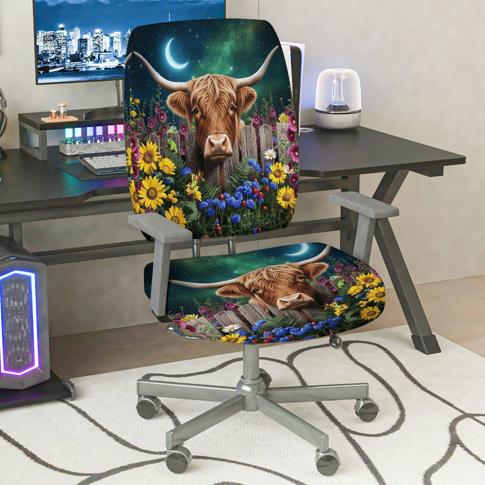 2-Piece Highland Cow Moon Night Flower Rustic Beauty  Computer Chair Cover Set, Seat and Backrest