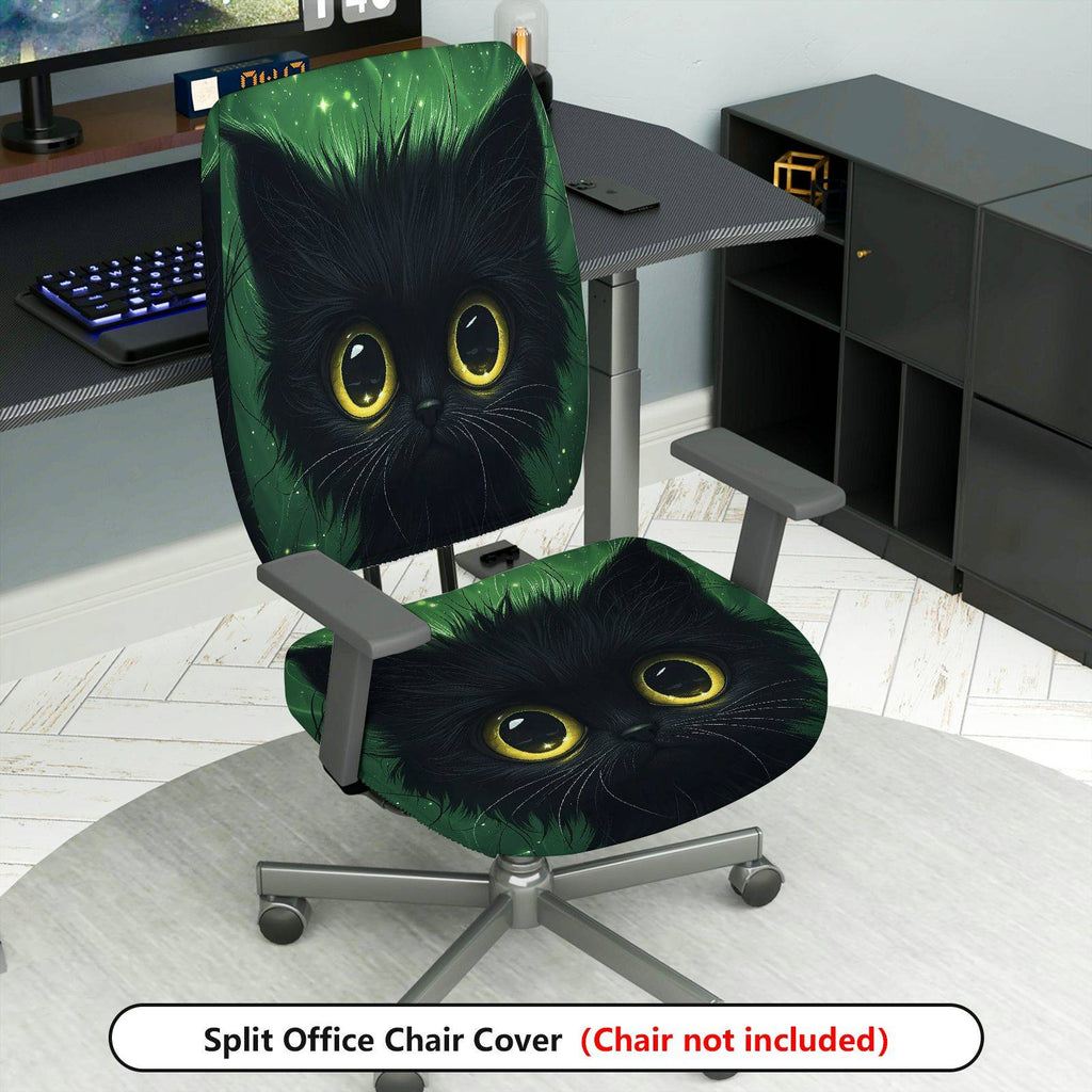2-Piece Cute Black Cat Green Artistic Vibrant Halloween  Computer Chair Cover Set, Seat and Backrest