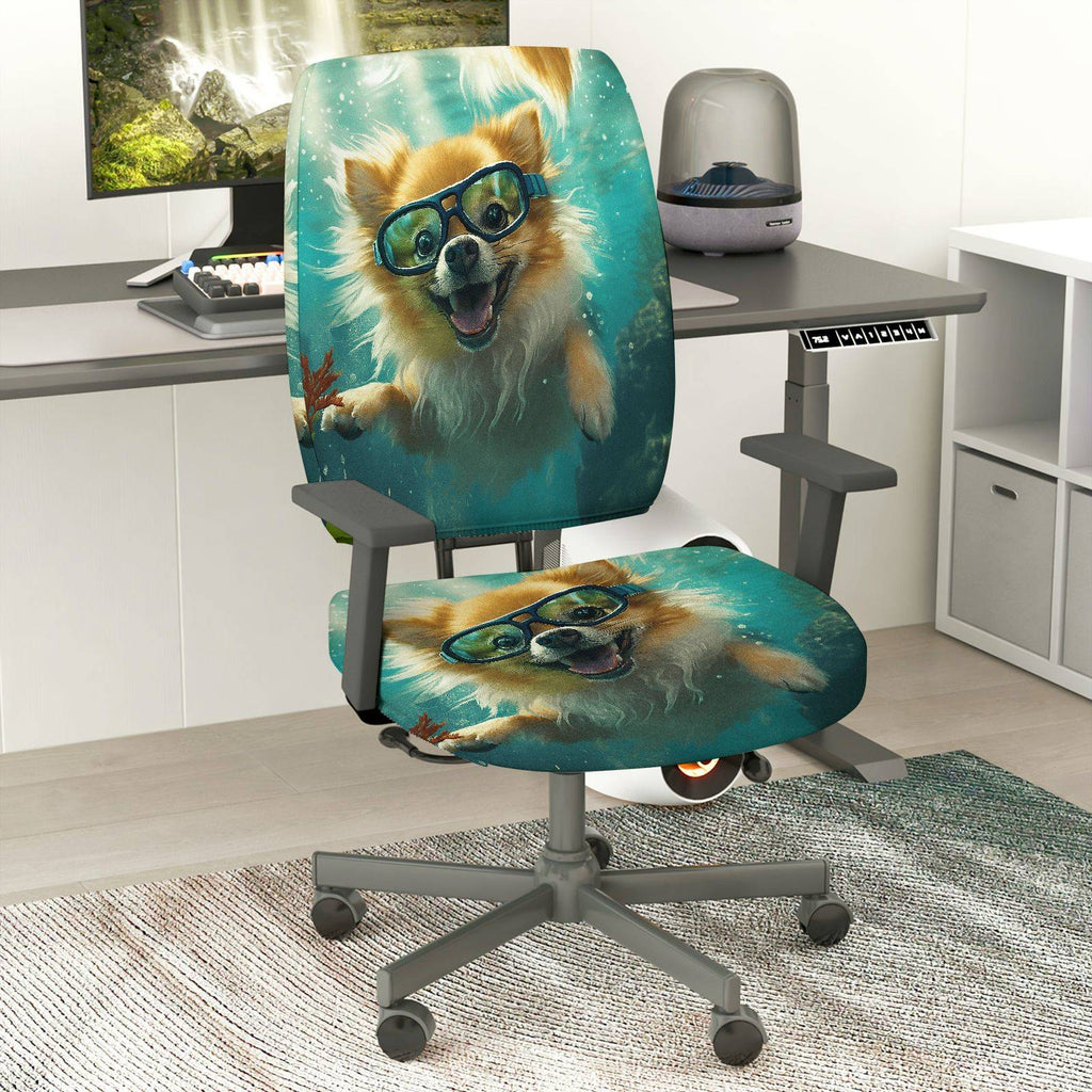 2-Piece Dog Underwater Fun Art Cute  Computer Chair Cover Set, Seat and Backrest