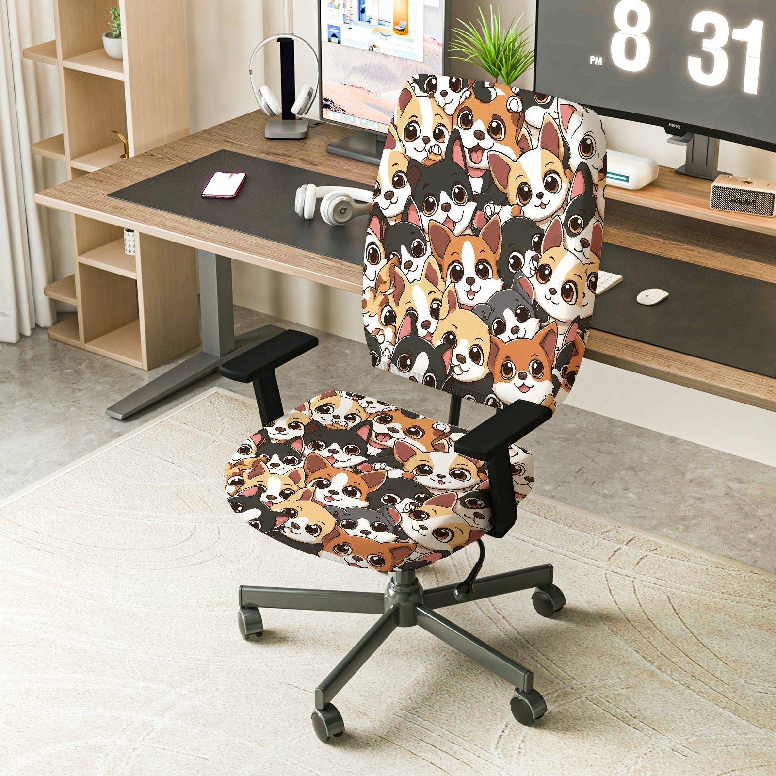 2-Piece Cute Dog Pattern Fun Playful  Computer Chair Cover Set, Seat and Backrest