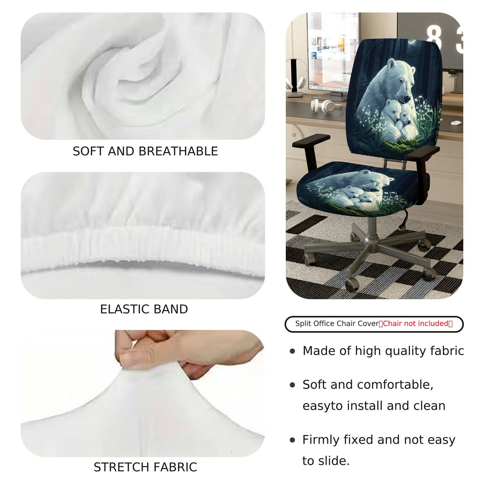 2-Piece Polar Bear Family Forest Night Scandinavian Christmas  Computer Chair Cover Set, Seat and Backrest