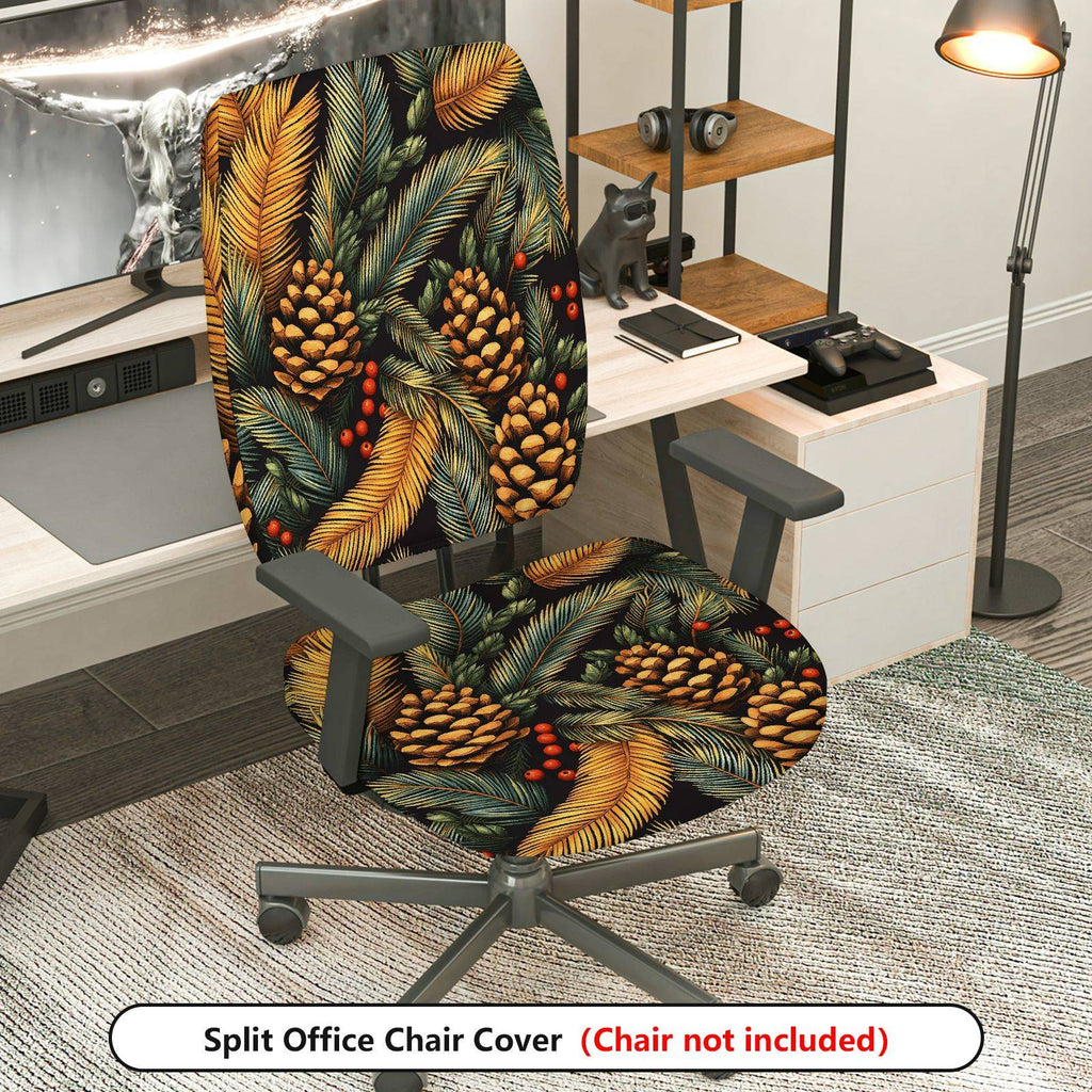 2-Piece Christmas Pinecone Festive Leaf Holiday Seasonal  Computer Chair Cover Set, Seat and Backrest