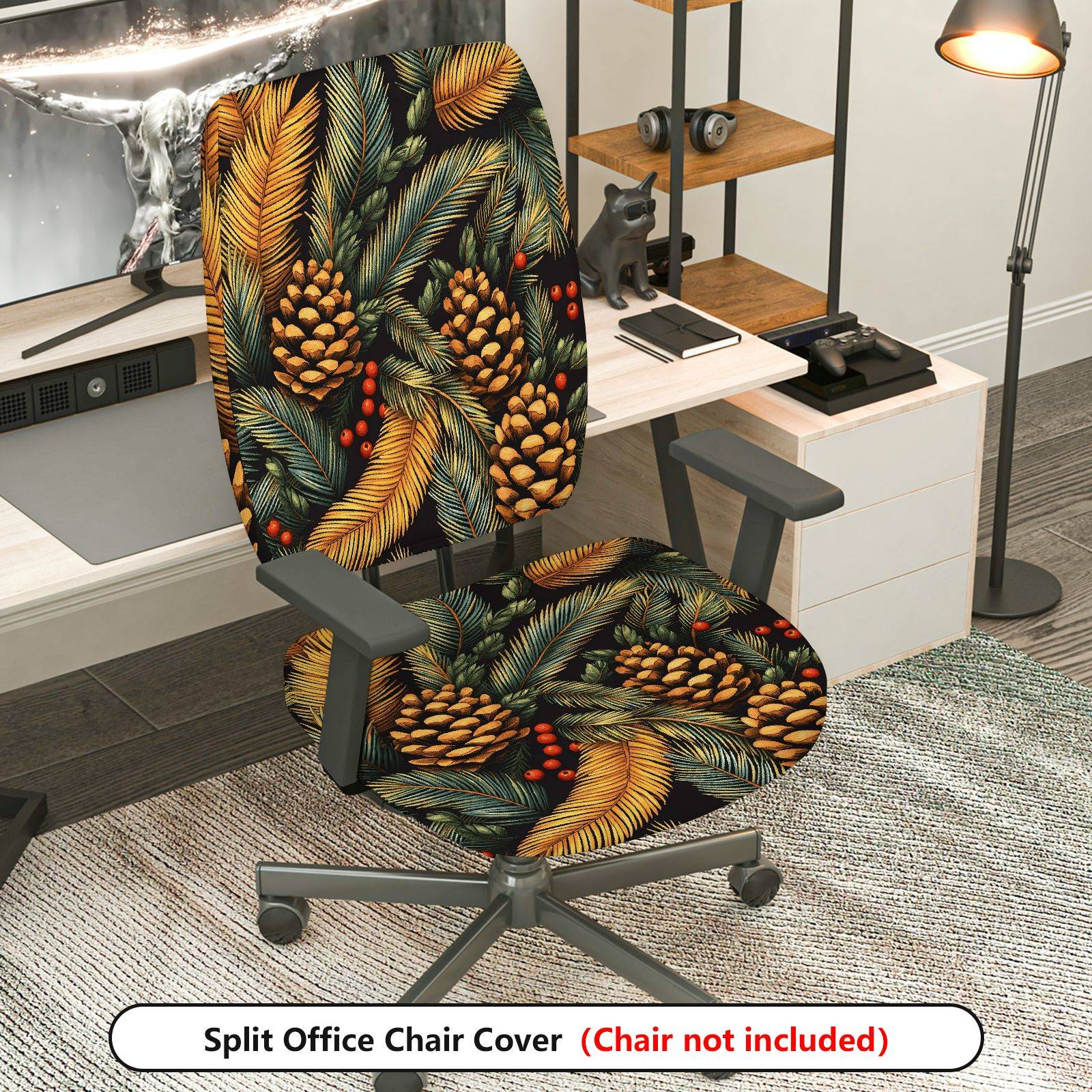 2-Piece Christmas Pinecone Festive Leaf Holiday Seasonal  Computer Chair Cover Set, Seat and Backrest