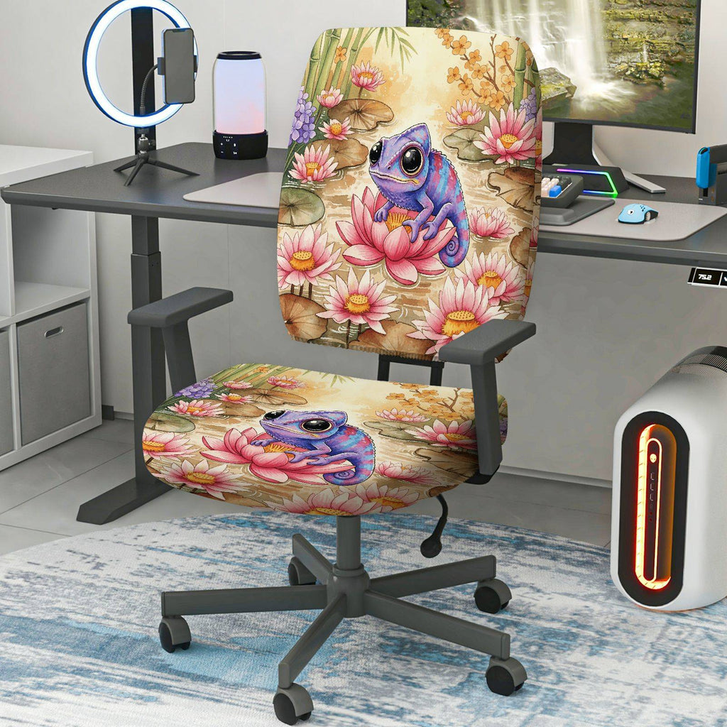 2-Piece Chameleon Lotus Flower Artistic Colorful Nature  Computer Chair Cover Set, Seat and Backrest