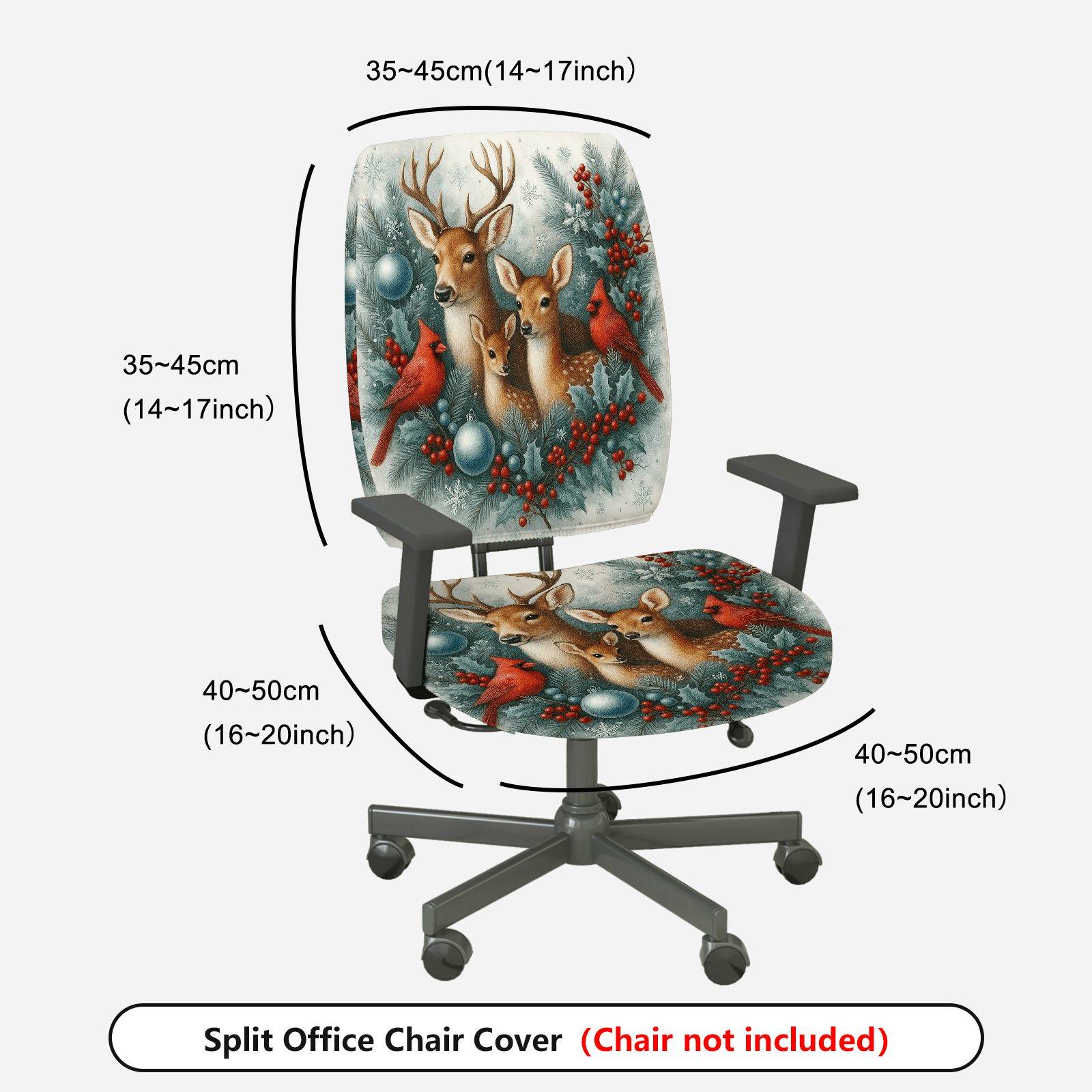 2-Piece Christmas Deer Cardinal Berry Snow Decor  Computer Chair Cover Set, Seat and Backrest