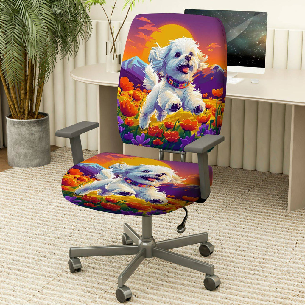 2-Piece Cute Dog Mountain Sunset Flowers Colorful  Computer Chair Cover Set, Seat and Backrest
