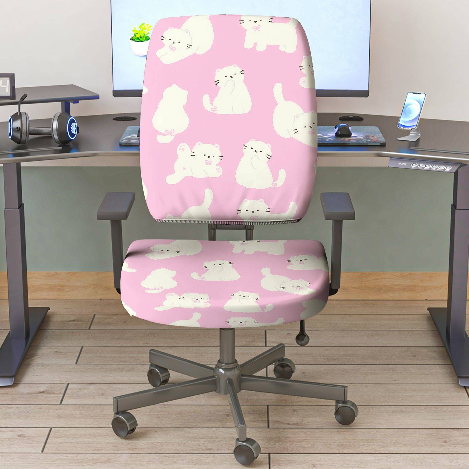 2-Piece Pink Cat Pattern Cute Decorative  Computer Chair Cover Set, Seat and Backrest