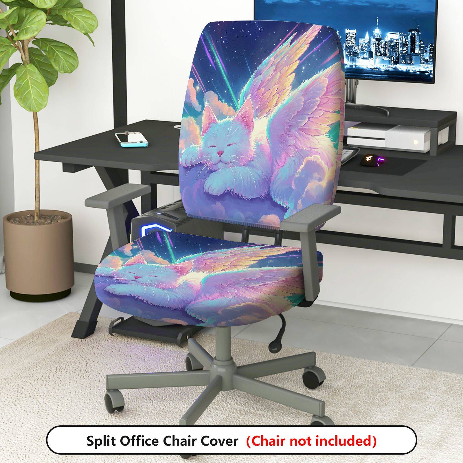2-Piece Sky Cat Angel Wings Fantasy  Computer Chair Cover Set, Seat and Backrest