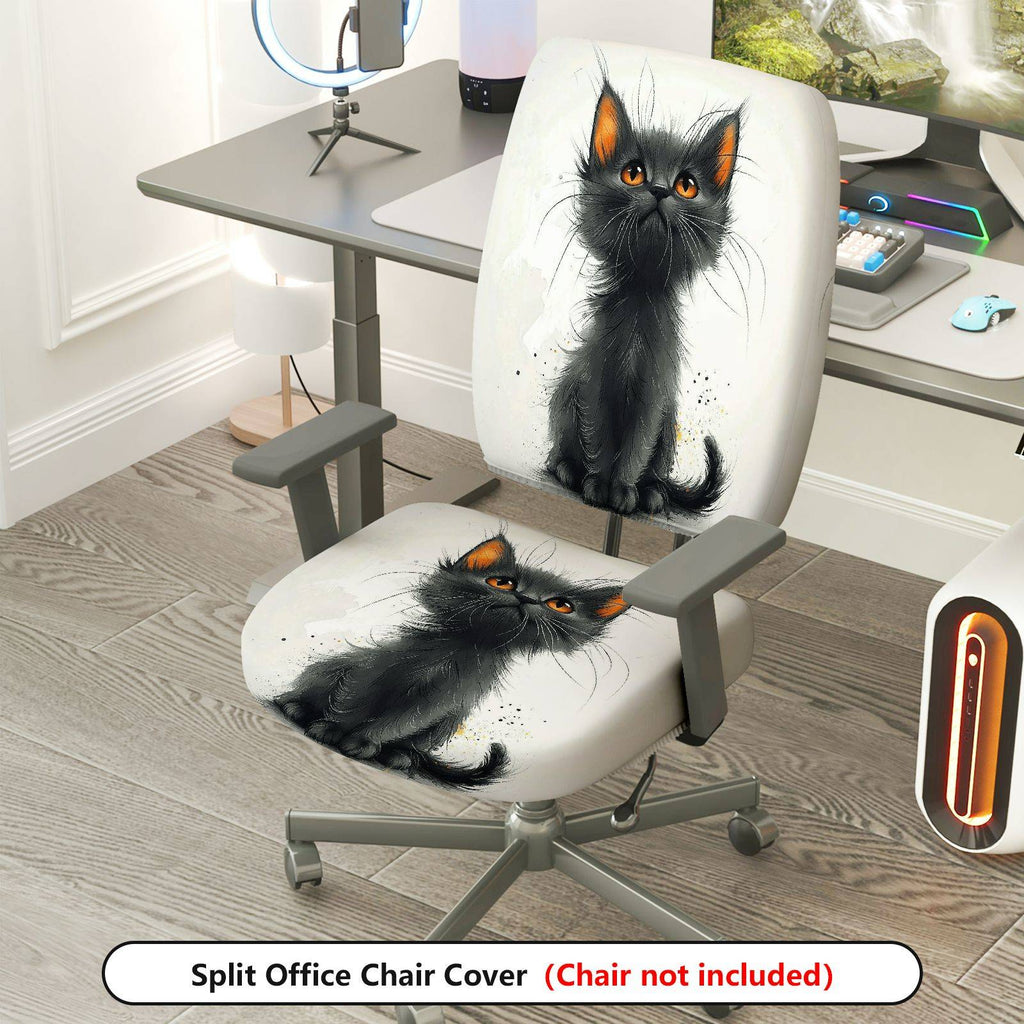 2-Piece Cute Cat Graphic Black Kitten Print Artistic Design  Computer Chair Cover Set, Seat and Backrest