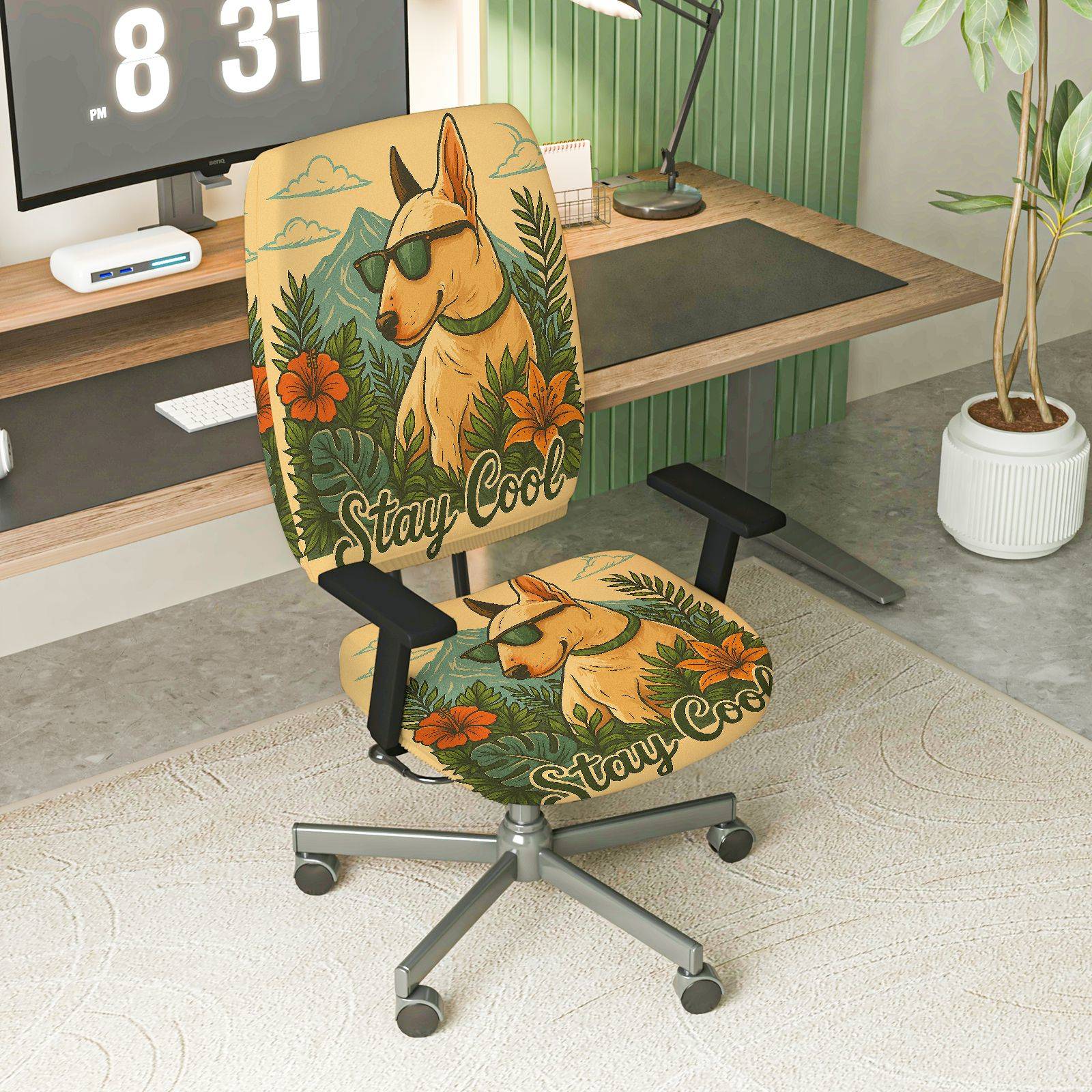 2-Piece Dog Cool Sunglasses Floral Tropical  Computer Chair Cover Set, Seat and Backrest