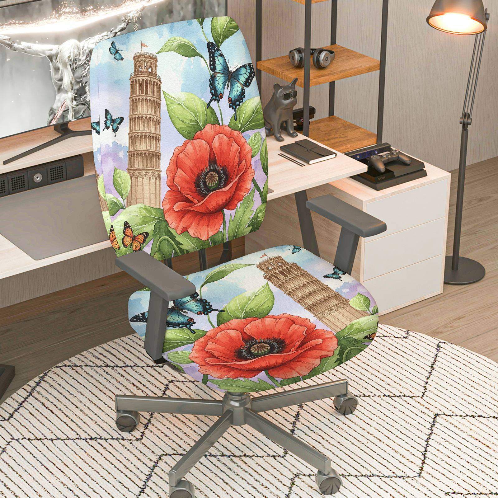 2-Piece Butterfly Flower Tower Nature Art Fun  Computer Chair Cover Set, Seat and Backrest