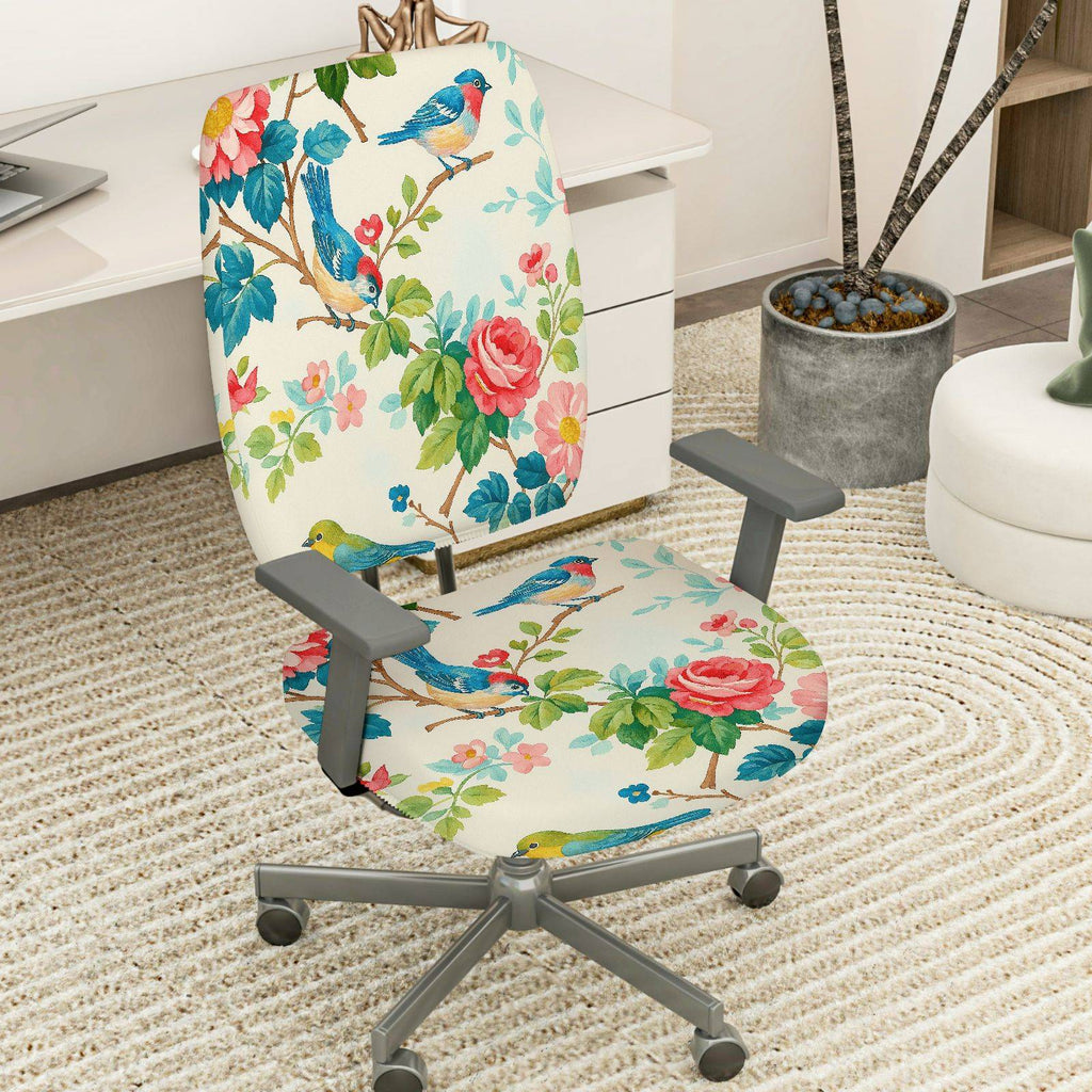 2-Piece Floral Bird Pattern Rose Spring Nature Garden  Computer Chair Cover Set, Seat and Backrest
