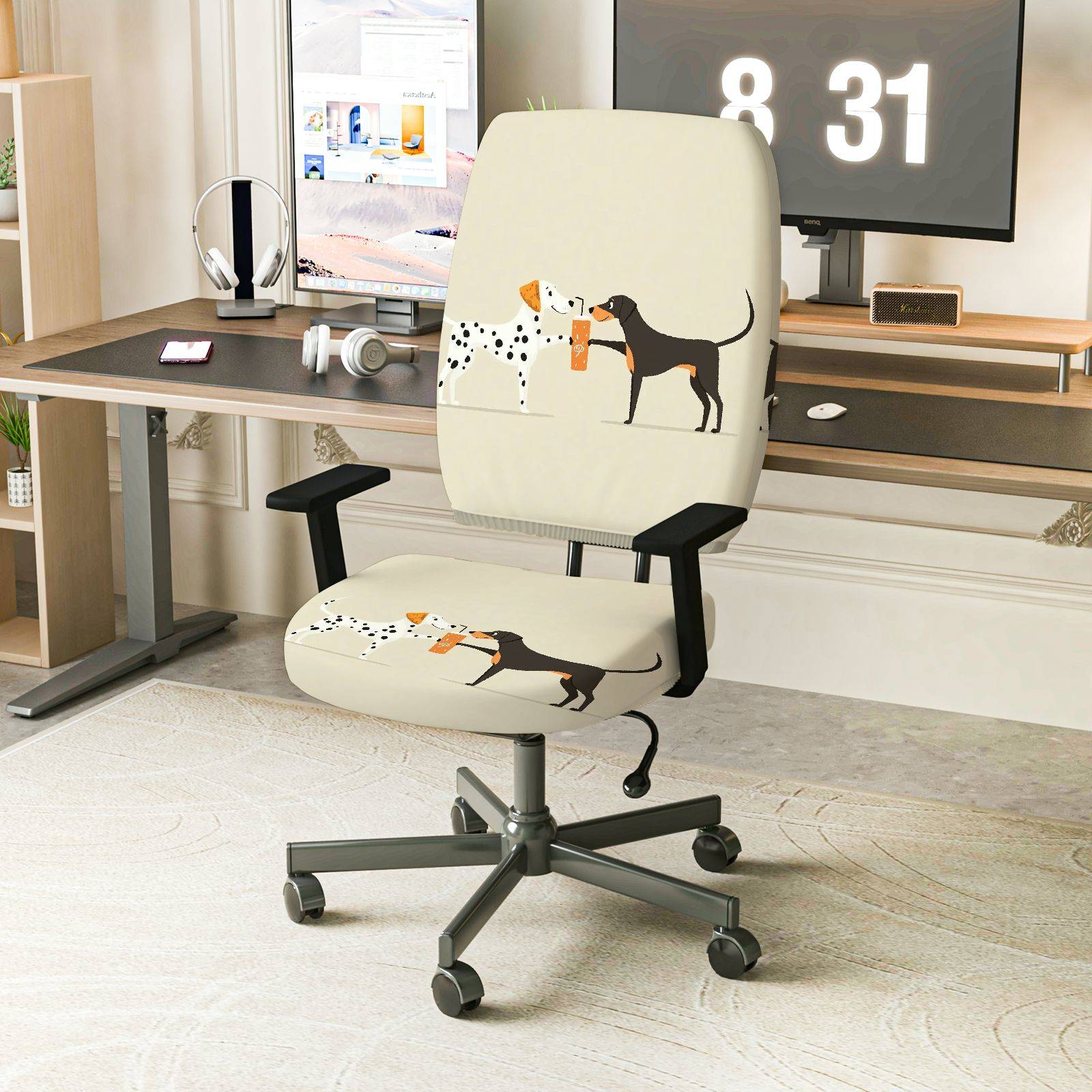 2-Piece Dog Pattern Animal  Computer Chair Cover Set, Seat and Backrest