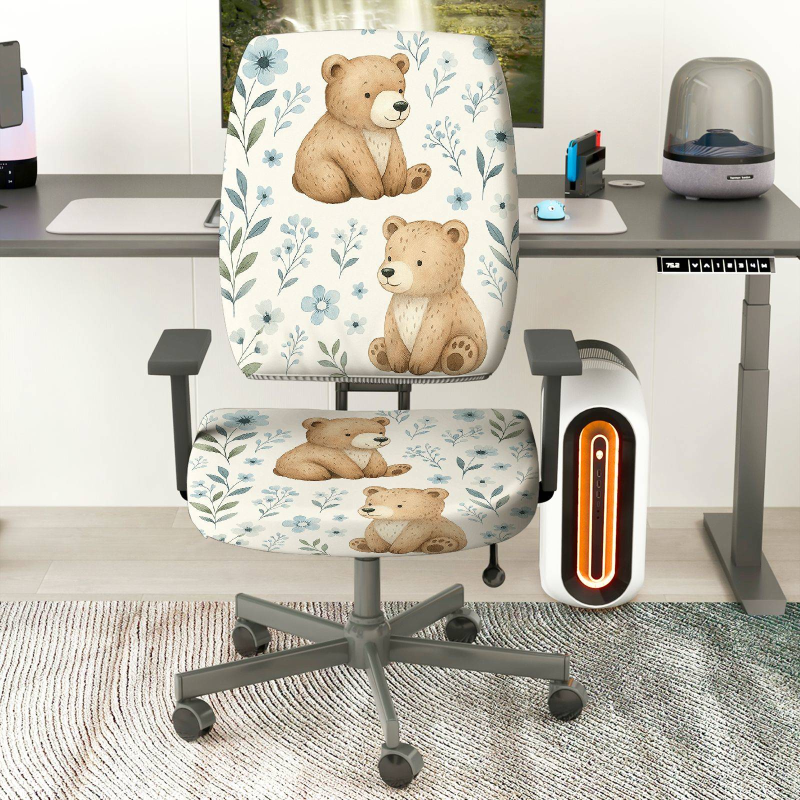 2-Piece Cute Bear Floral Nature Decorative  Computer Chair Cover Set, Seat and Backrest