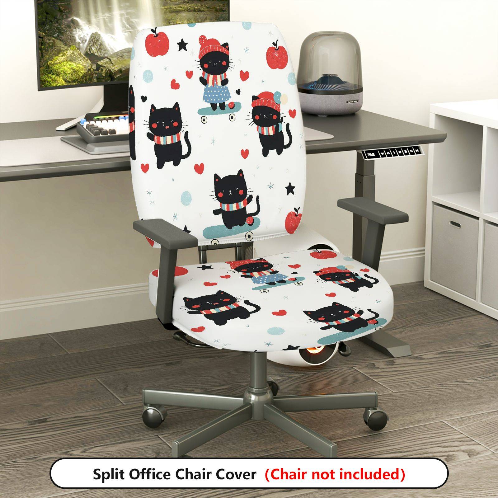 2-Piece Cute Cat Heart Red Winter  Computer Chair Cover Set, Seat and Backrest