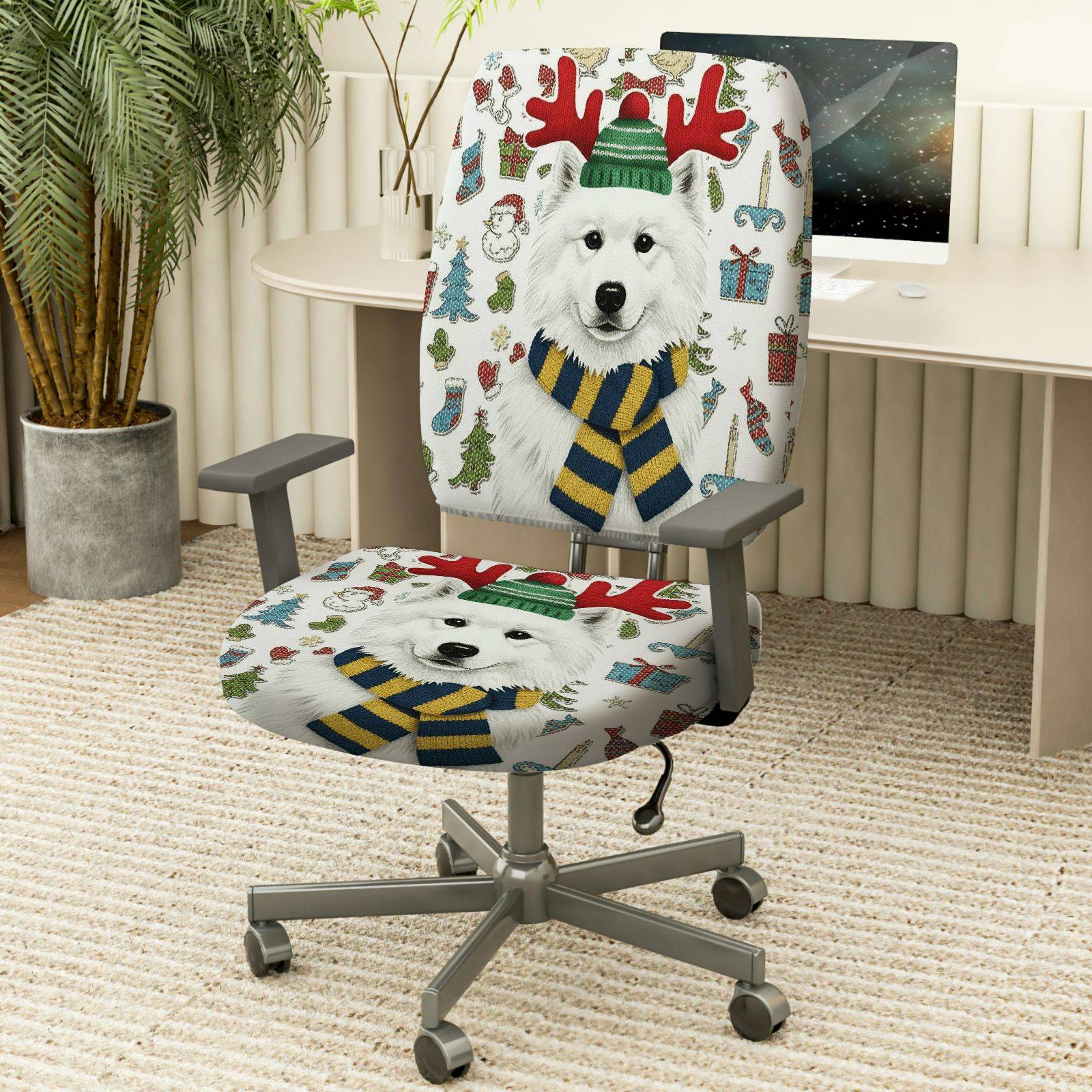 2-Piece Christmas Reindeer Dog Winter Holiday Snow  Computer Chair Cover Set, Seat and Backrest