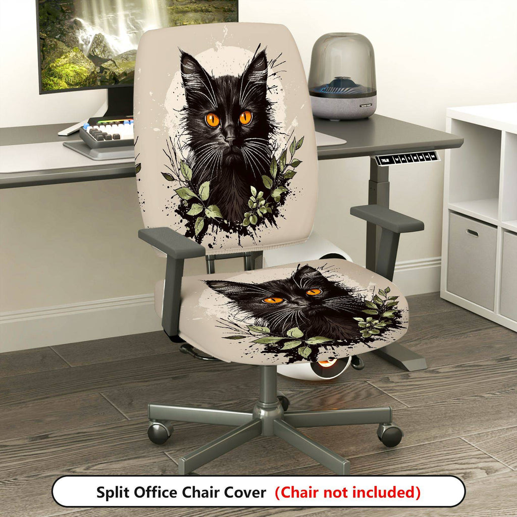 2-Piece Black Cat Floral Animal Pattern  Computer Chair Cover Set, Seat and Backrest