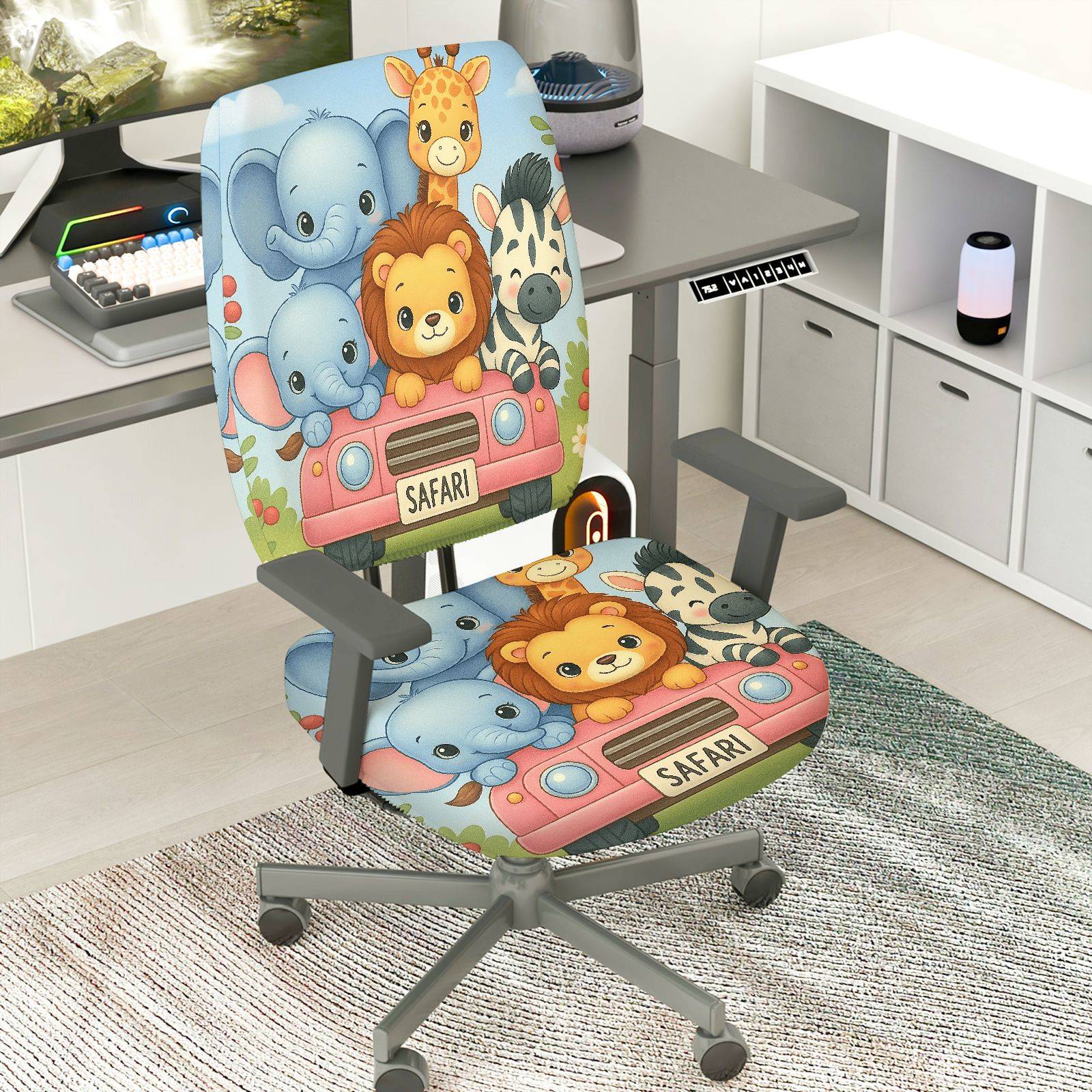 2-Piece Safari Animal Cute Colorful  Computer Chair Cover Set, Seat and Backrest