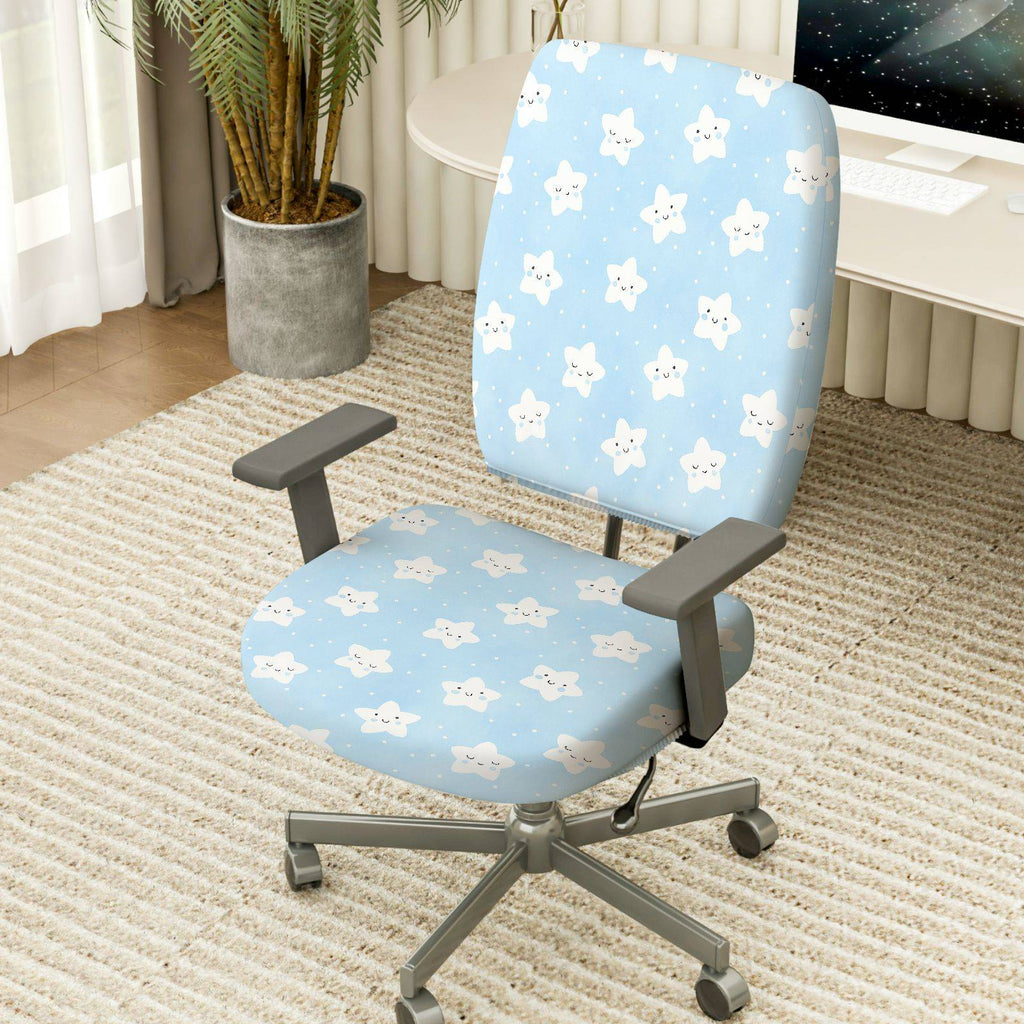 2-Piece Cute Star Pattern Blue Fun Cheerful Cozy  Computer Chair Cover Set, Seat and Backrest
