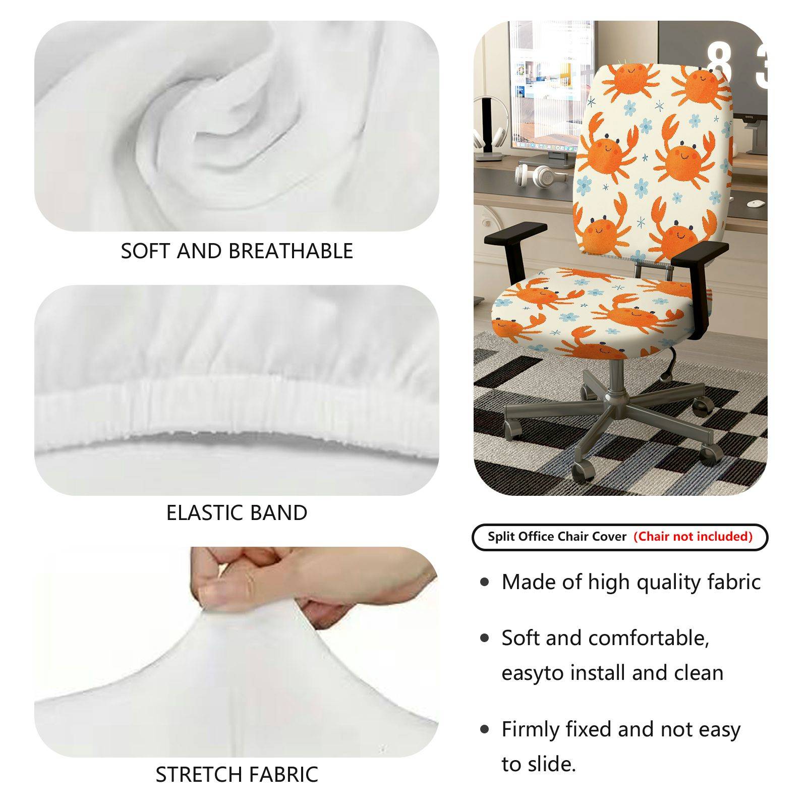 2-Piece Cute Crab Pattern  Computer Chair Cover Set, Seat and Backrest