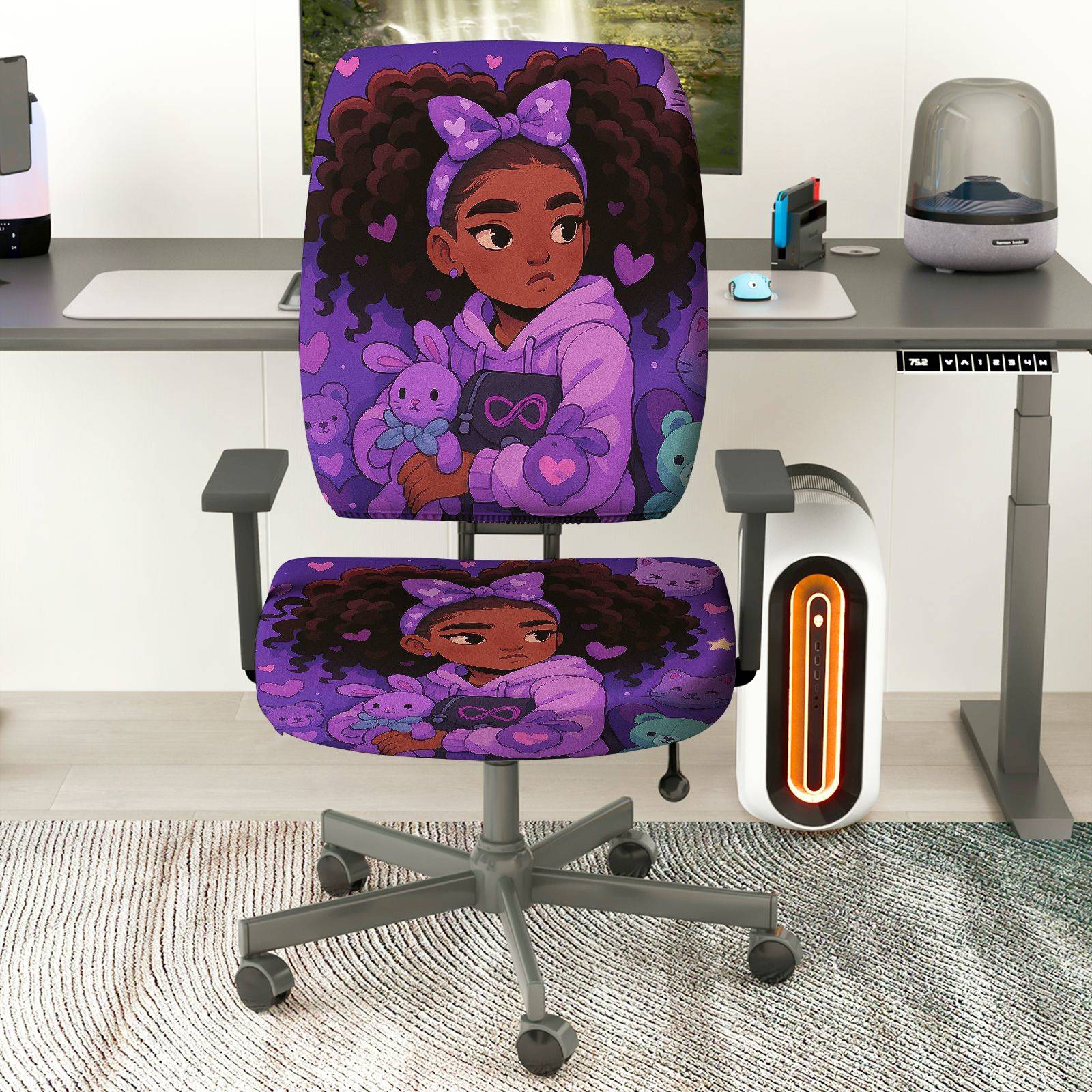 2-Piece purple heart girl cute teddy bear  Computer Chair Cover Set, Seat and Backrest