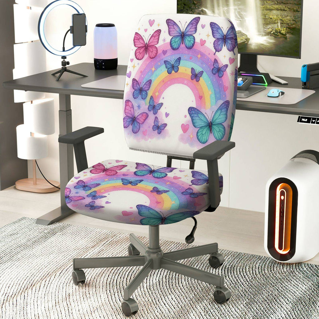 2-Piece Butterfly Rainbow Colorful Pattern Cute Decorative  Computer Chair Cover Set, Seat and Backrest