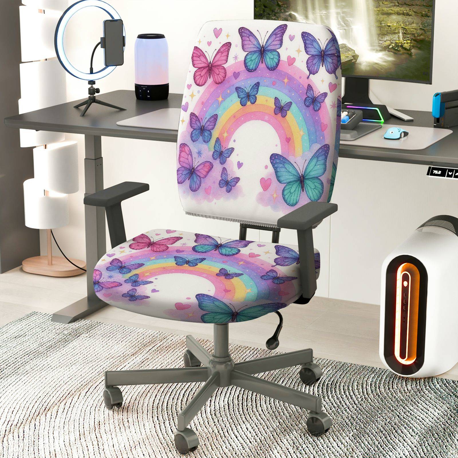 2-Piece Butterfly Rainbow Colorful Pattern Cute Decorative  Computer Chair Cover Set, Seat and Backrest
