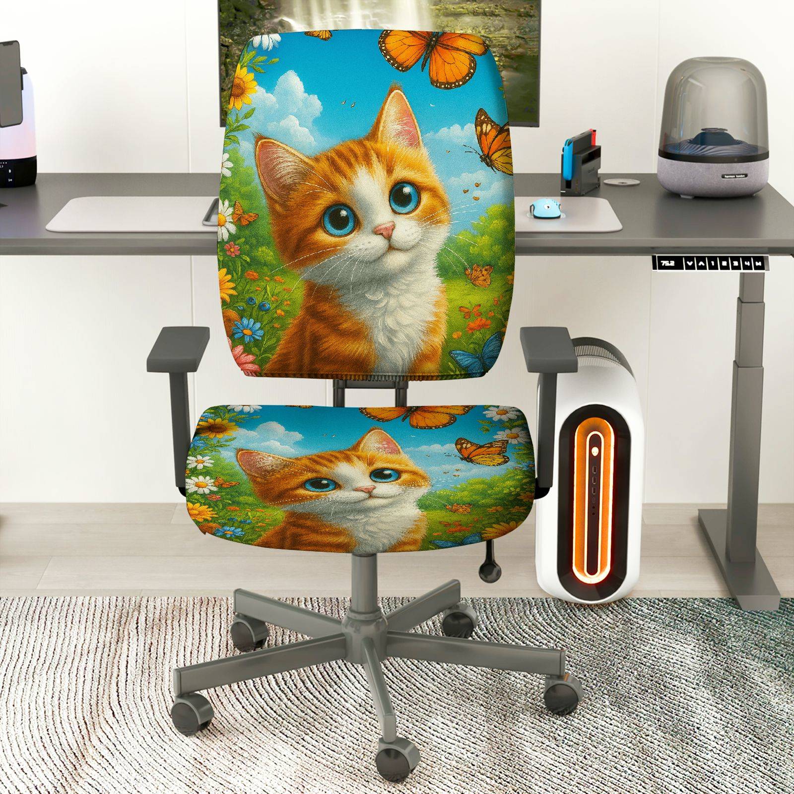 2-Piece Cute Cat Floral Nature Butterfly Colorful  Computer Chair Cover Set, Seat and Backrest