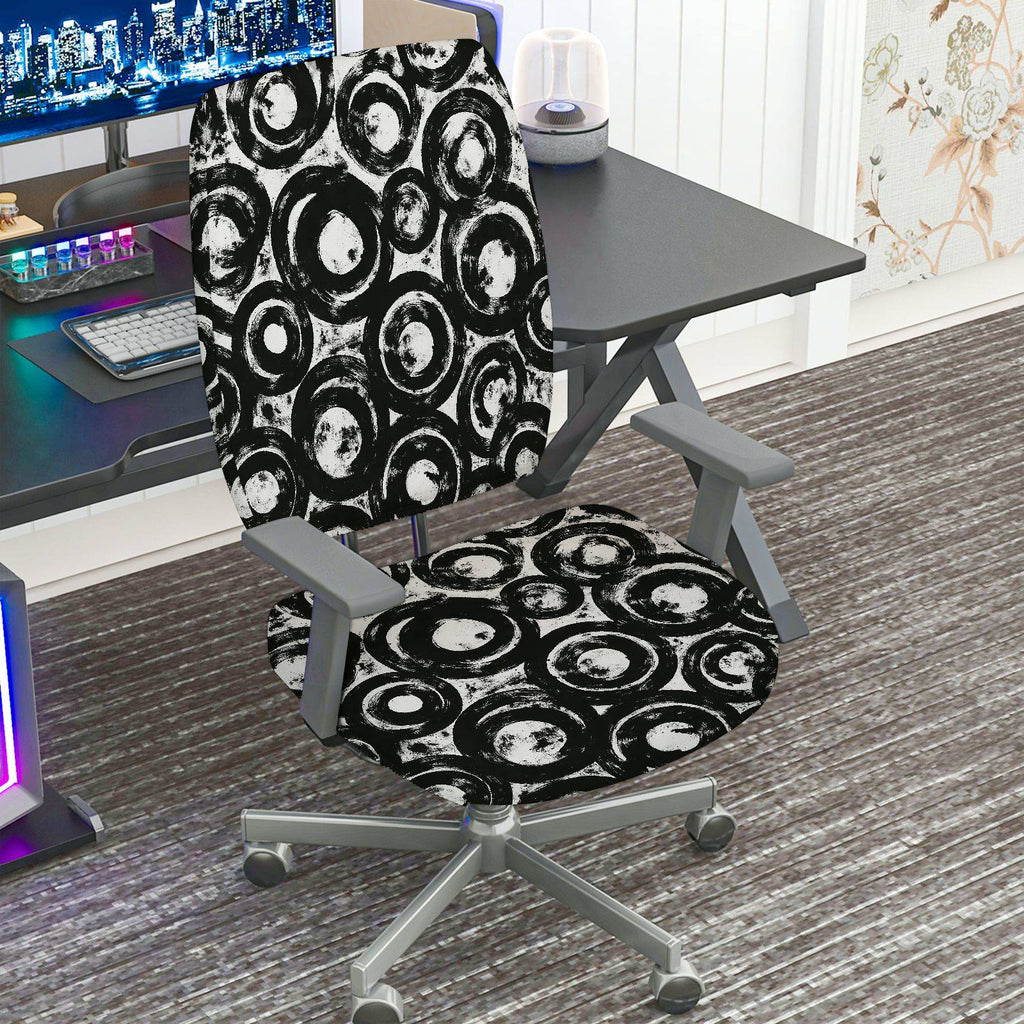 2-Piece Abstract Art Black White Circles  Computer Chair Cover Set, Seat and Backrest
