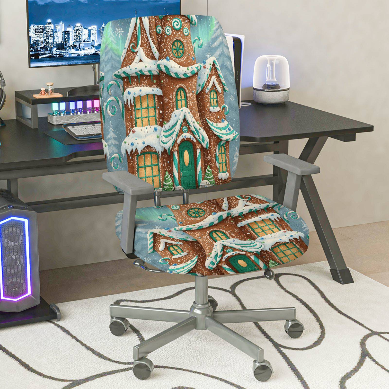 2-Piece Christmas Snowy Gingerbread House Winter Holiday  Computer Chair Cover Set, Seat and Backrest