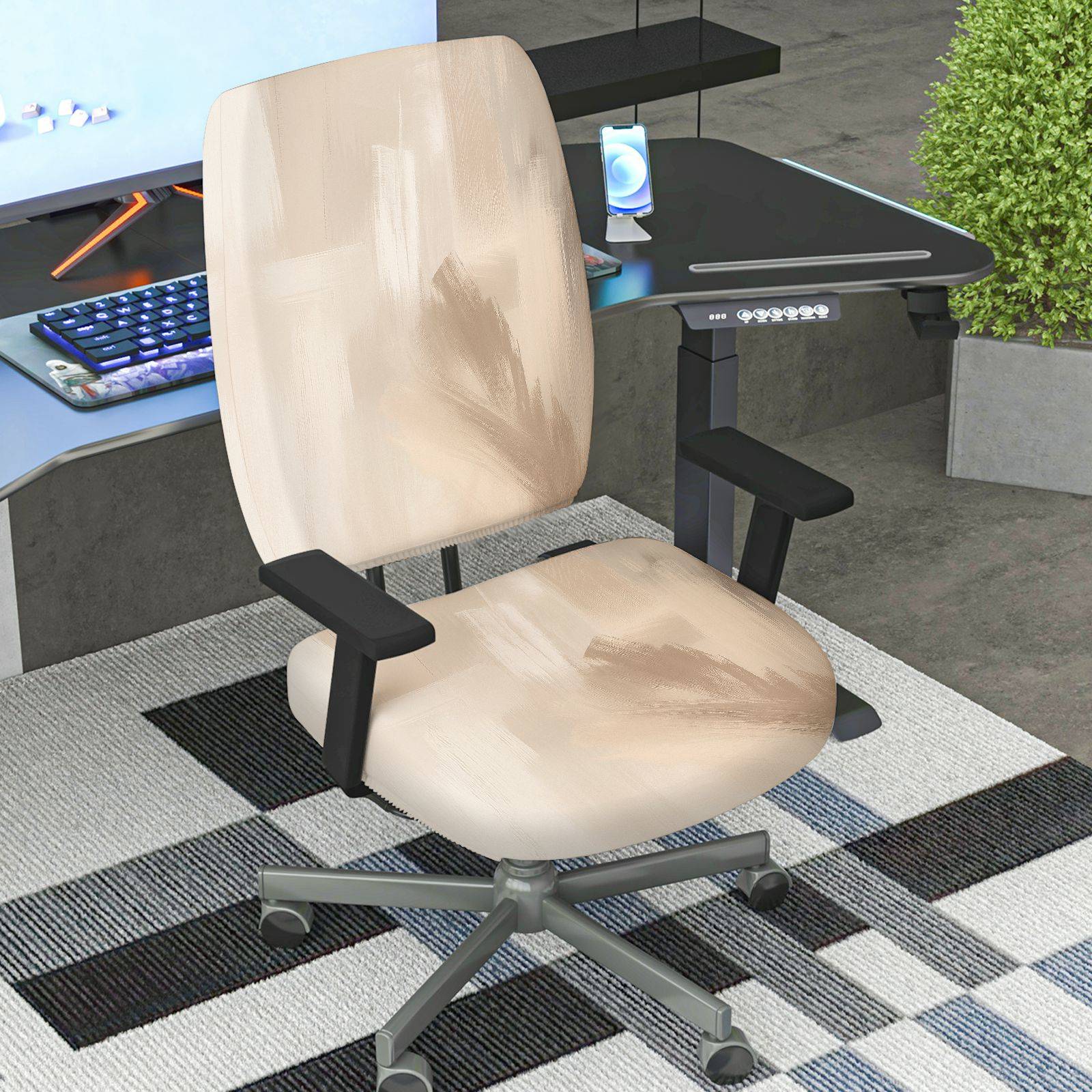 2-Piece Abstract Modern Neutral Beige Swirl  Computer Chair Cover Set, Seat and Backrest