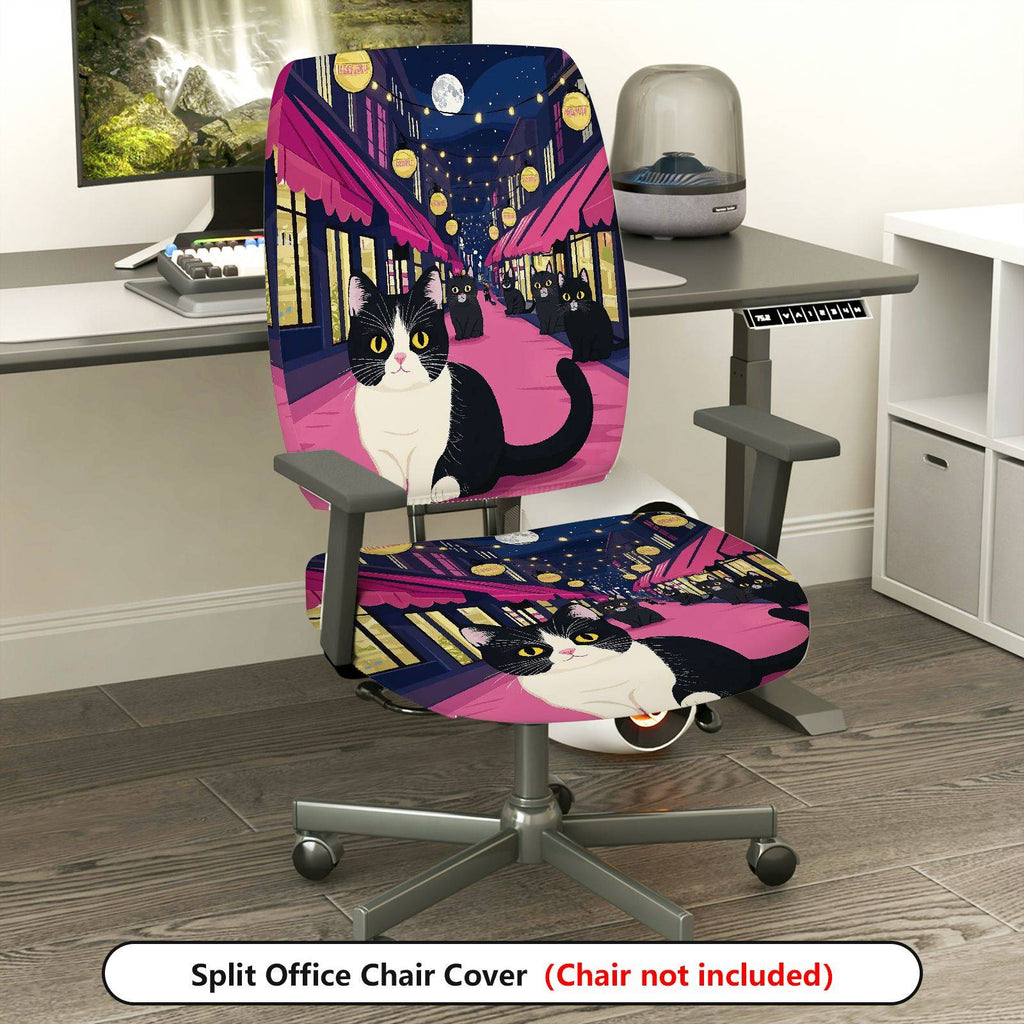 2-Piece Night Street Cat Moonlight Festival Romantic  Computer Chair Cover Set, Seat and Backrest
