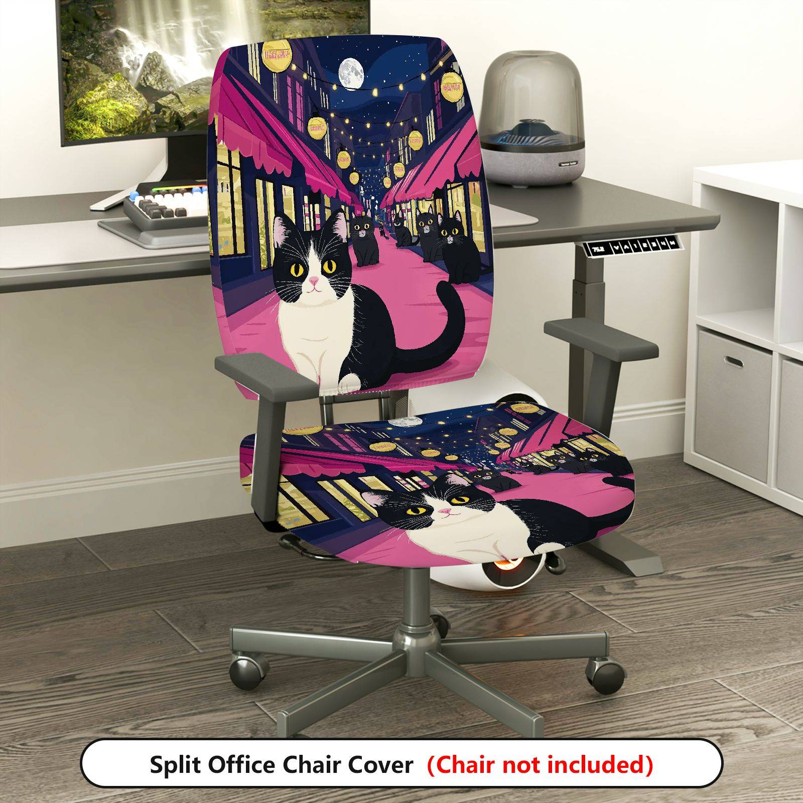2-Piece Night Street Cat Moonlight Festival Romantic  Computer Chair Cover Set, Seat and Backrest