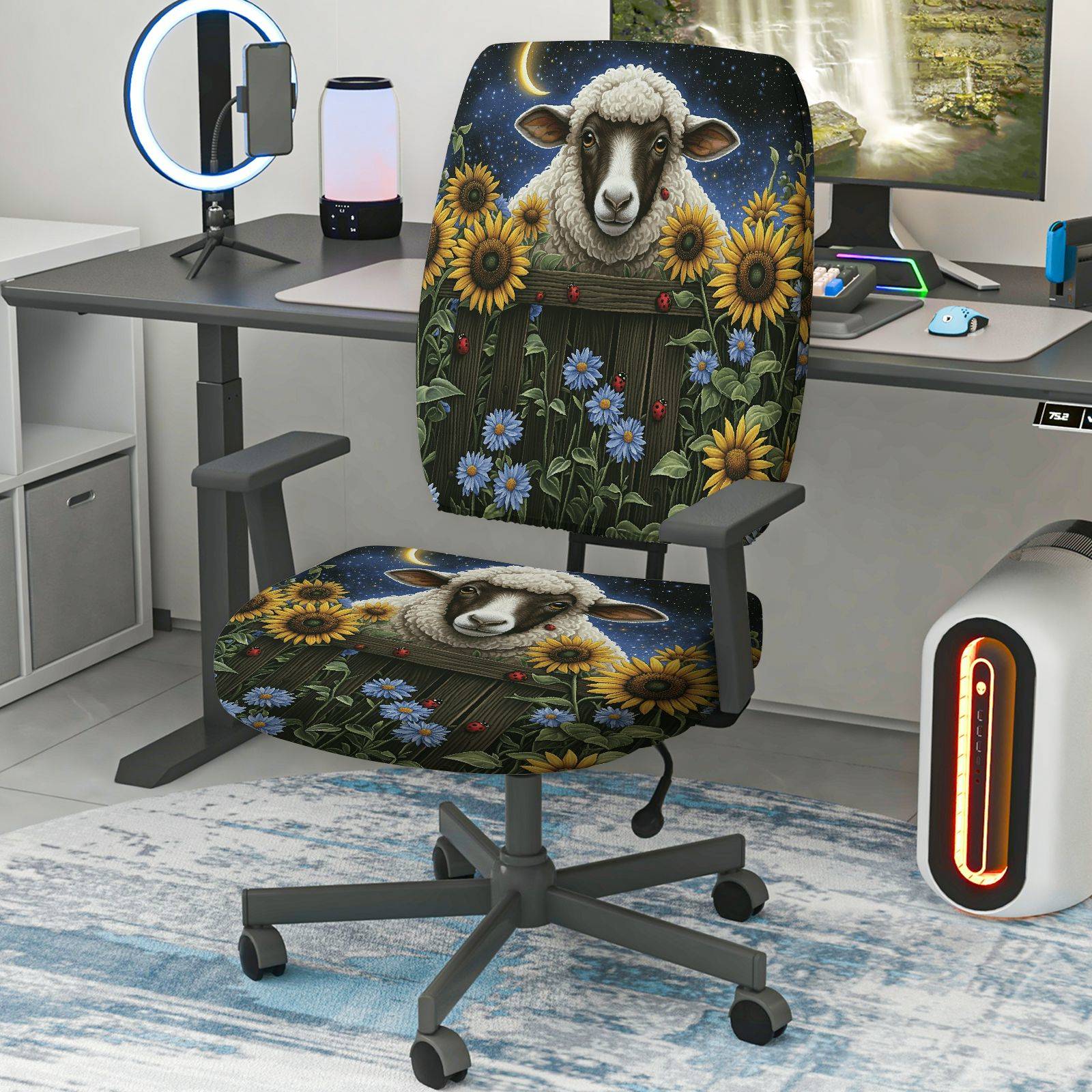 2-Piece Sheep Floral Night Sky Sunflower Daisy  Computer Chair Cover Set, Seat and Backrest