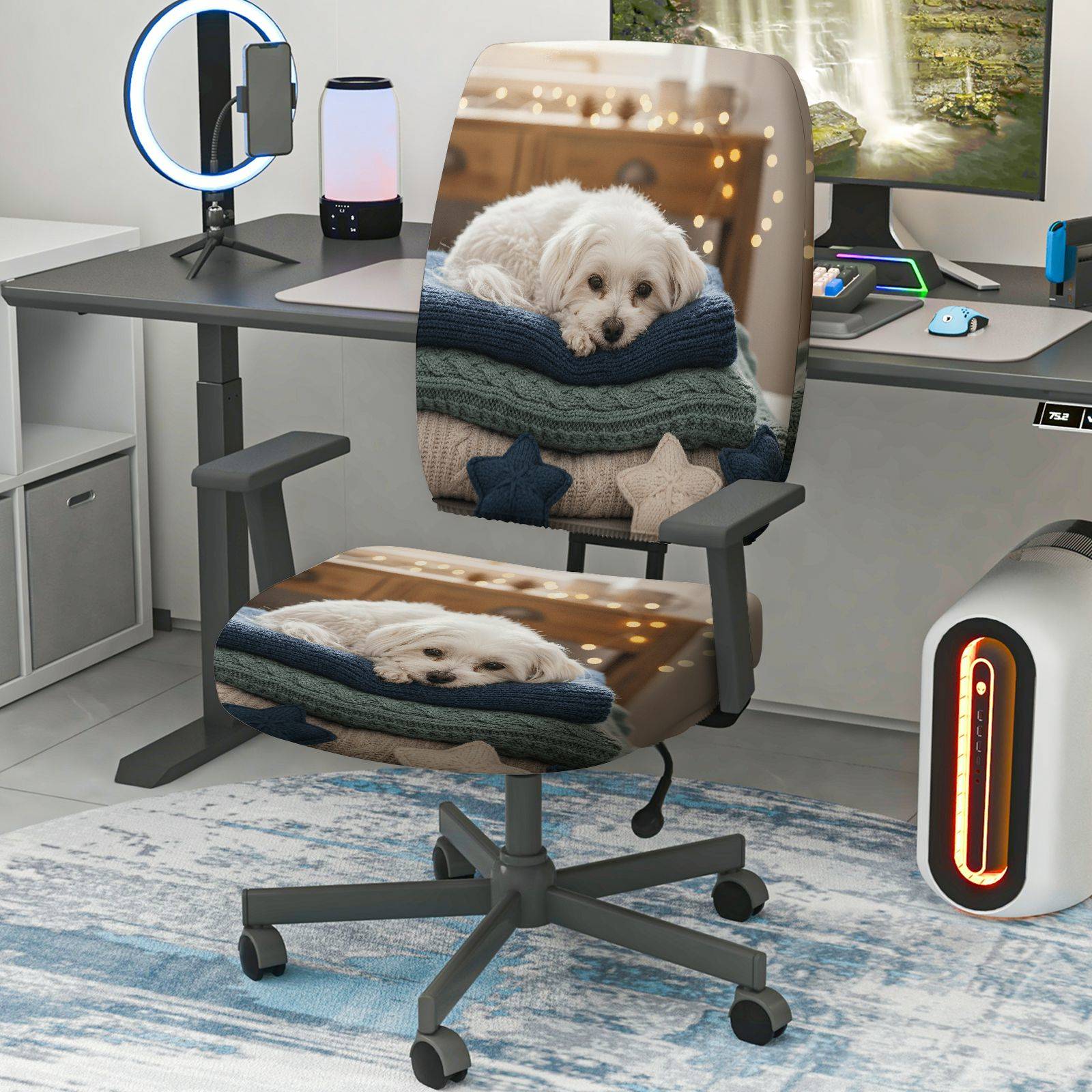 2-Piece Cute Dog Cozy Blanket Star Festive  Computer Chair Cover Set, Seat and Backrest